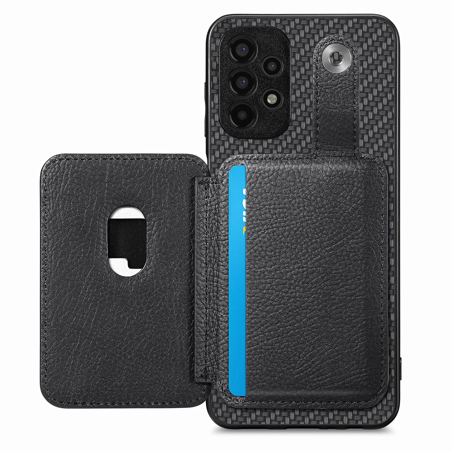 C1-06 For Samsung Galaxy A13 4G Case Carbon Fiber Texture Shockproof Phone Cover with Card Knife Tool - Black