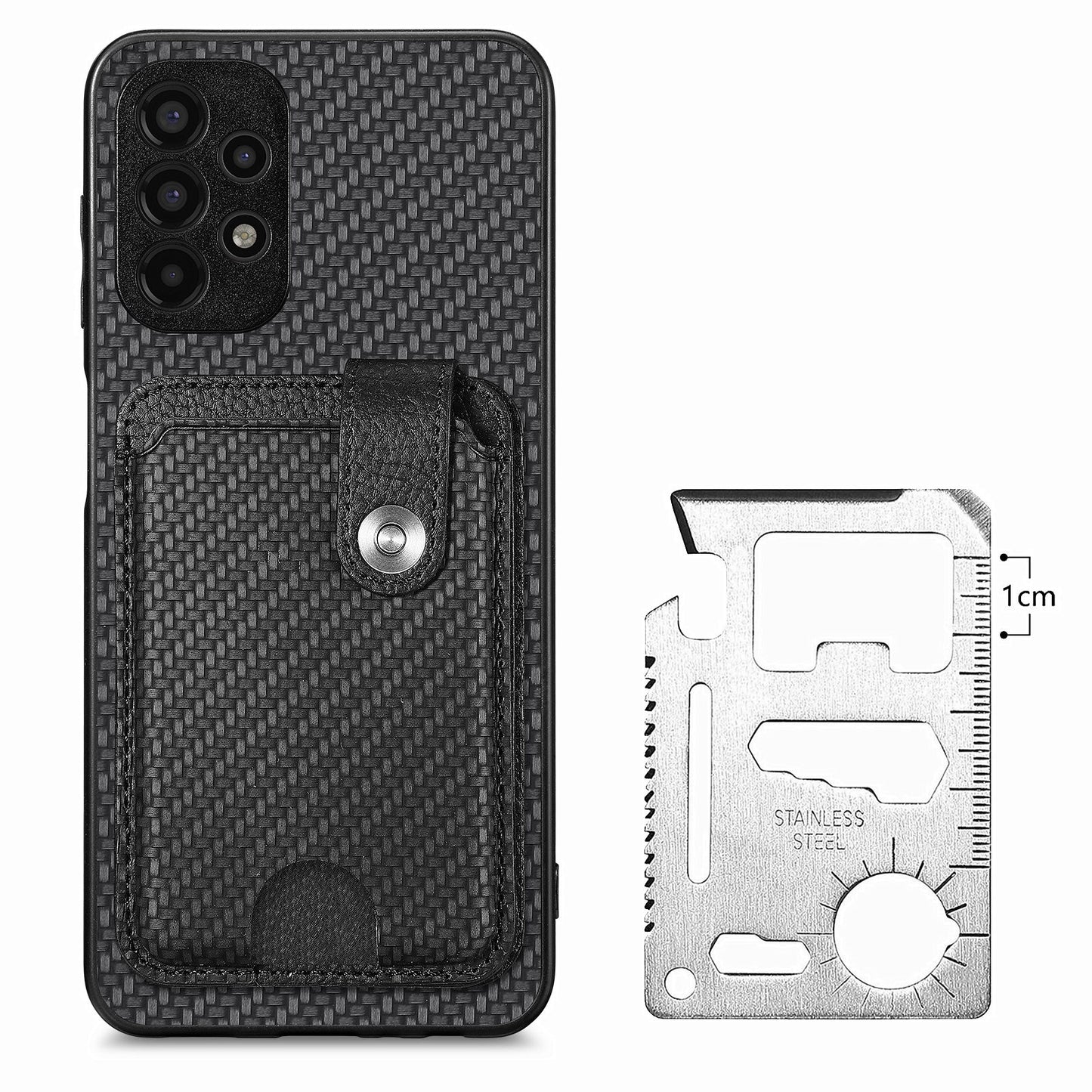 C1-06 For Samsung Galaxy A13 4G Case Carbon Fiber Texture Shockproof Phone Cover with Card Knife Tool - Black