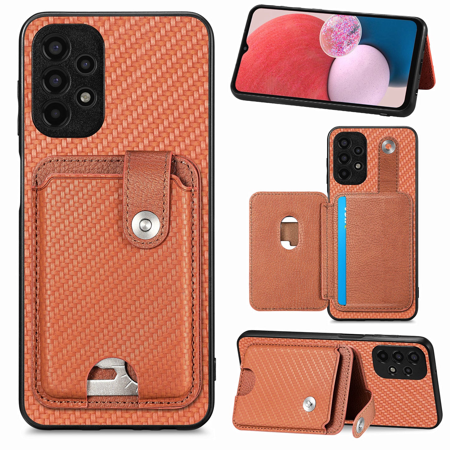 C1-06 For Samsung Galaxy A13 4G Case Carbon Fiber Texture Shockproof Phone Cover with Card Knife Tool - Brown