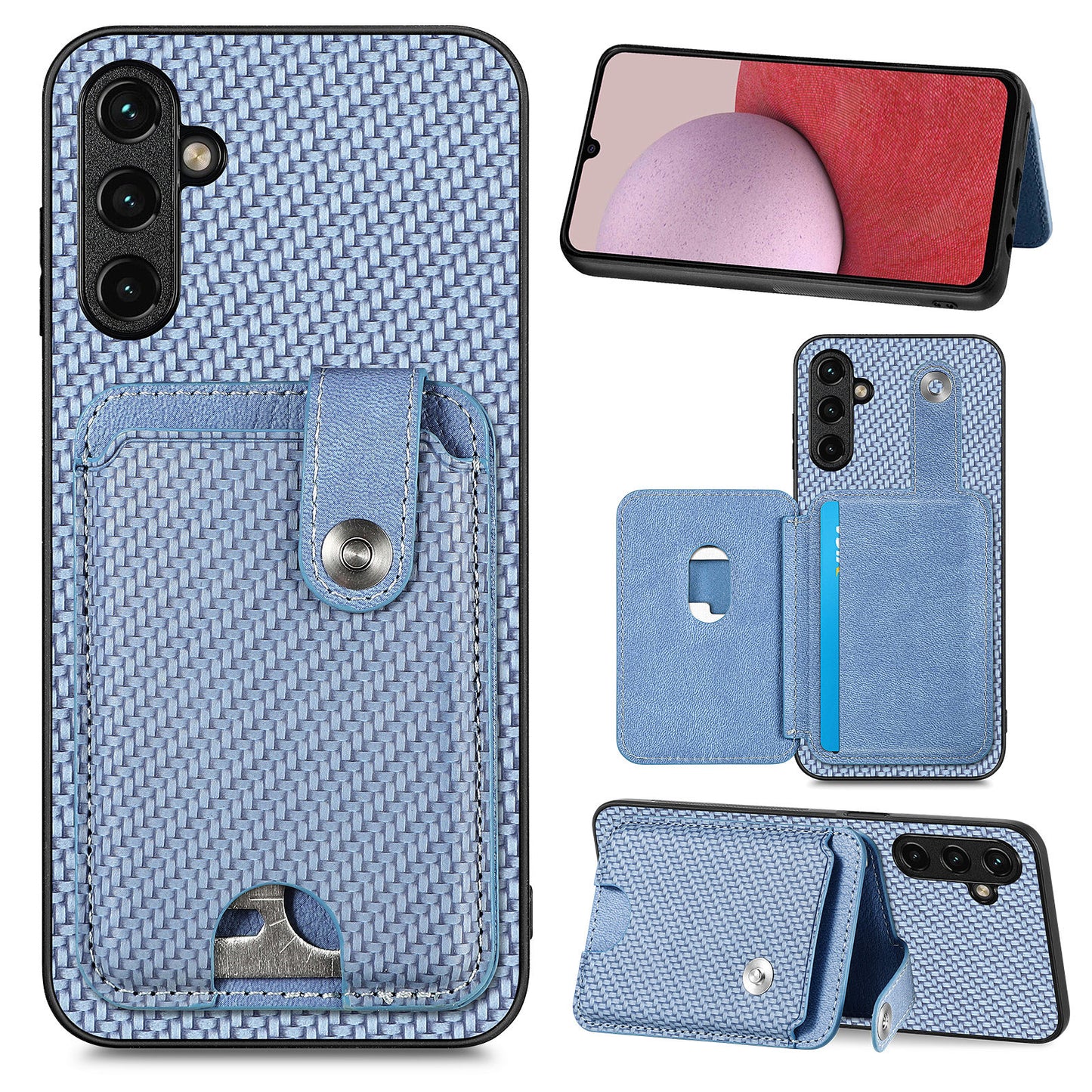 C1-06 For Samsung Galaxy A14 4G / 5G Case Carbon Fiber Texture Leather Phone Back Cover with Card Knife Tool - Blue