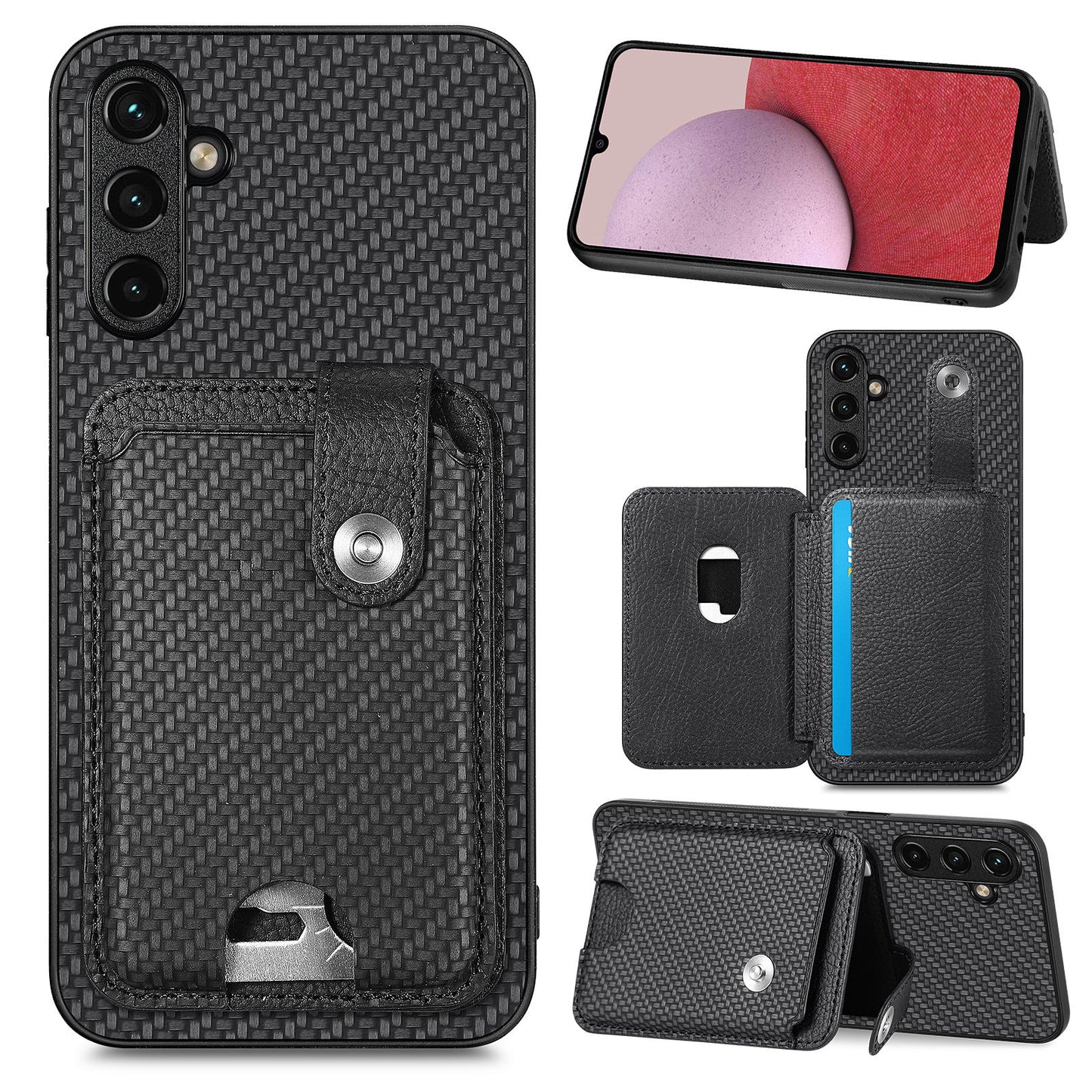C1-06 For Samsung Galaxy A14 4G / 5G Case Carbon Fiber Texture Leather Phone Back Cover with Card Knife Tool - Black
