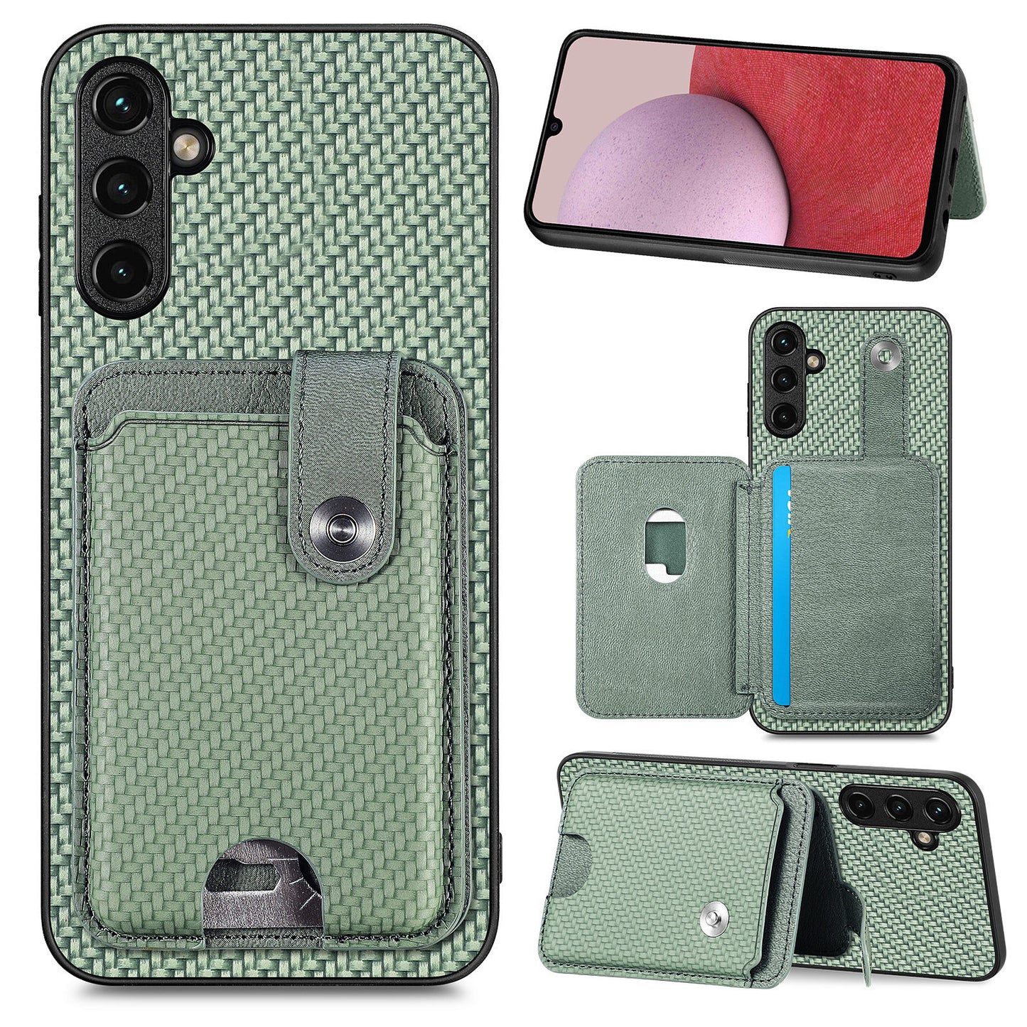 C1-06 For Samsung Galaxy A14 4G / 5G Case Carbon Fiber Texture Leather Phone Back Cover with Card Knife Tool - Green