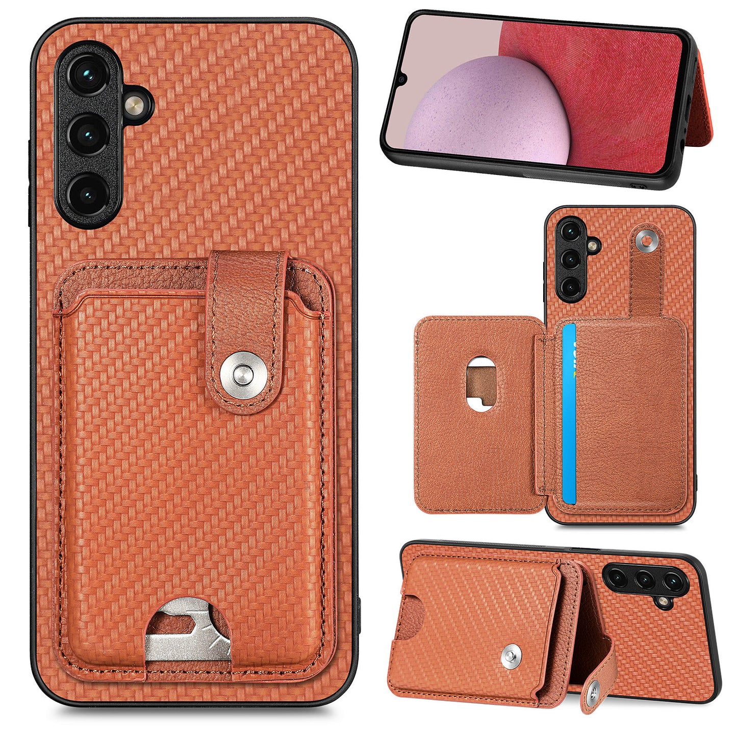 C1-06 For Samsung Galaxy A14 4G / 5G Case Carbon Fiber Texture Leather Phone Back Cover with Card Knife Tool - Brown