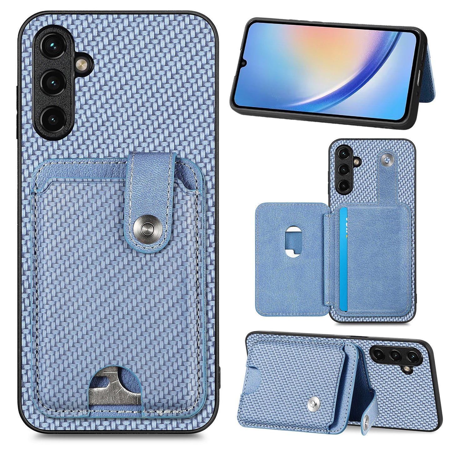 C1-06 For Samsung Galaxy A34 5G Case PU Leather Carbon Fiber Texture Phone Cover with Card Holder - Blue