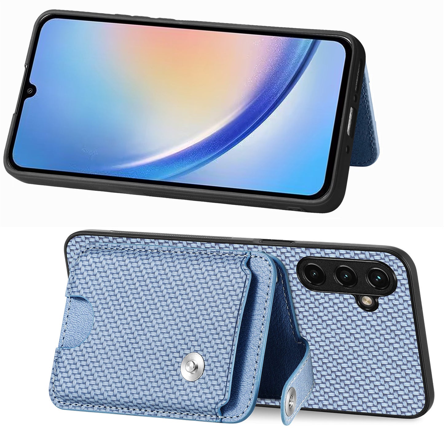 C1-06 For Samsung Galaxy A34 5G Case PU Leather Carbon Fiber Texture Phone Cover with Card Holder - Blue
