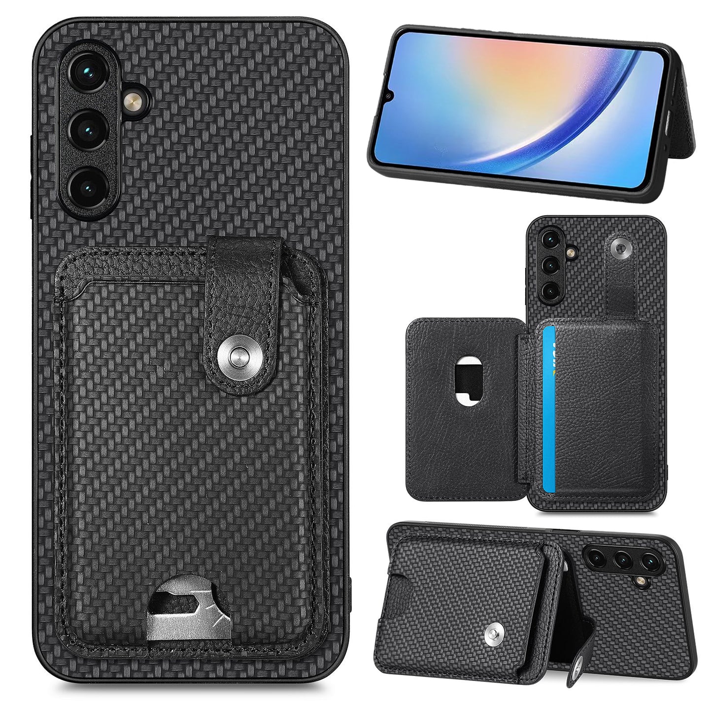C1-06 For Samsung Galaxy A34 5G Case PU Leather Carbon Fiber Texture Phone Cover with Card Holder - Black