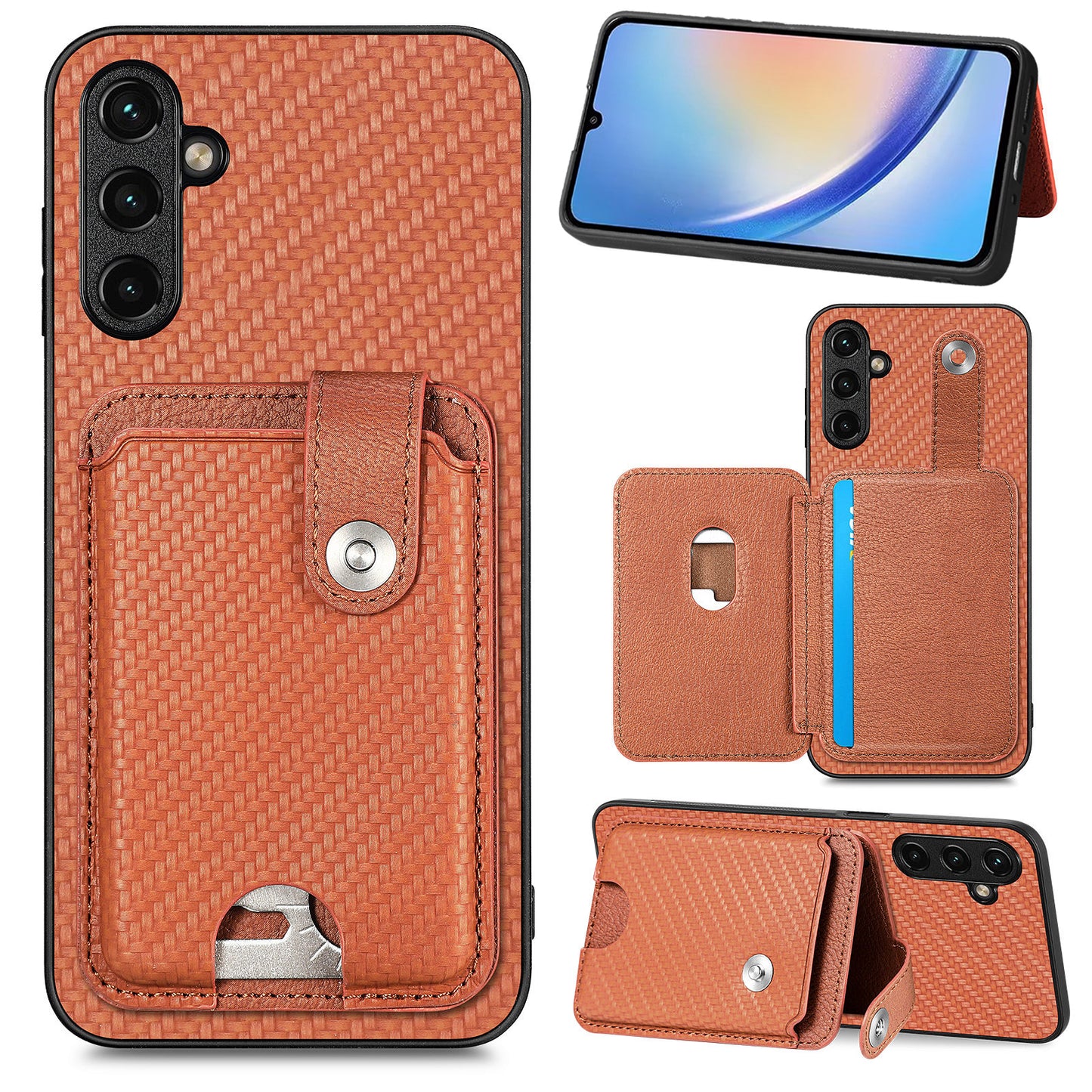 C1-06 For Samsung Galaxy A34 5G Case PU Leather Carbon Fiber Texture Phone Cover with Card Holder - Brown