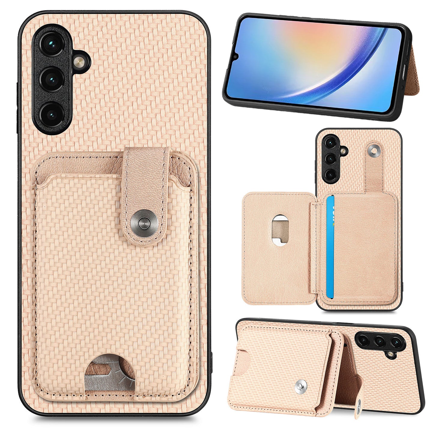 C1-06 For Samsung Galaxy A34 5G Case PU Leather Carbon Fiber Texture Phone Cover with Card Holder - Khaki