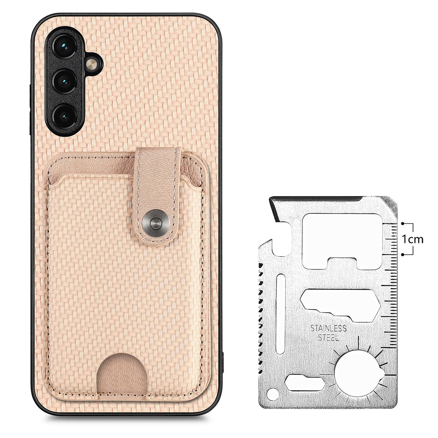 C1-06 For Samsung Galaxy A34 5G Case PU Leather Carbon Fiber Texture Phone Cover with Card Holder - Khaki
