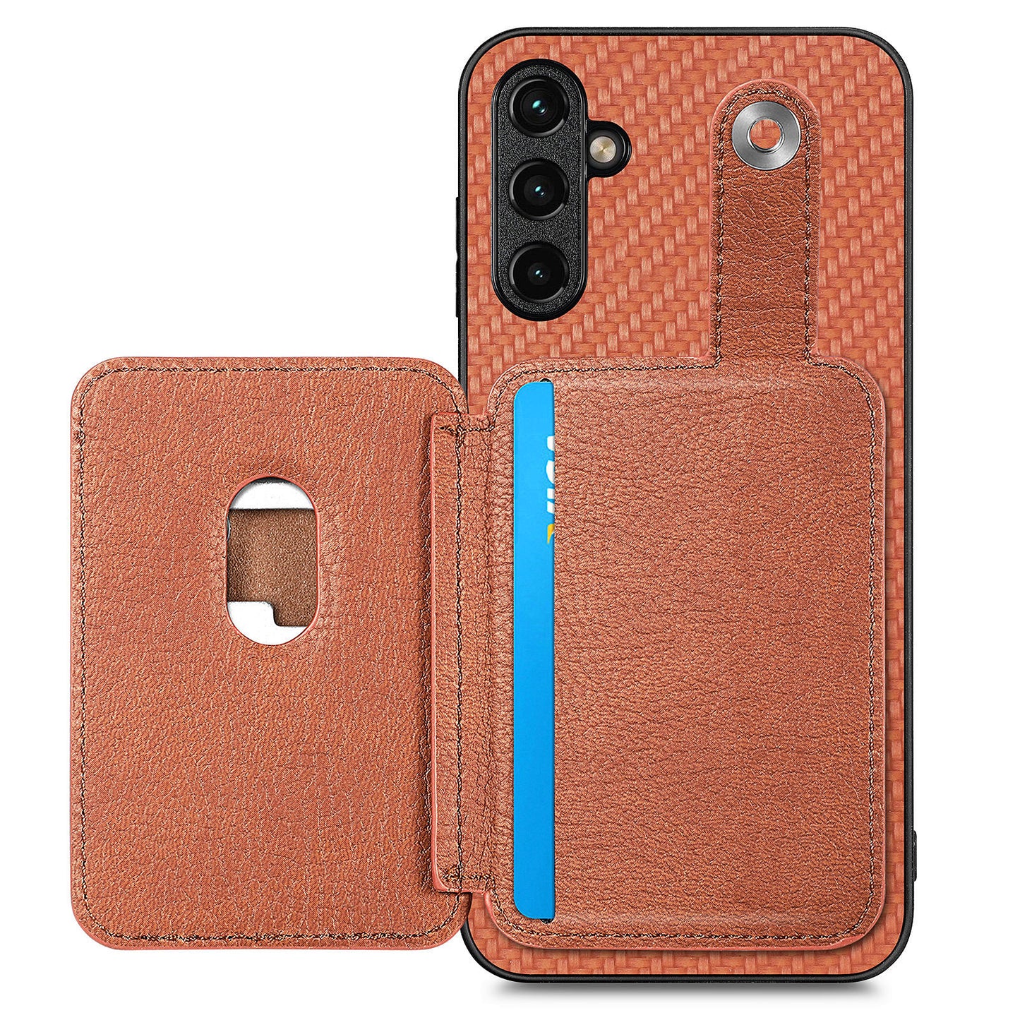 C1-06 For Samsung Galaxy A54 5G Case PU Leather Carbon Fiber Texture Kickstand Phone Cover - Brown