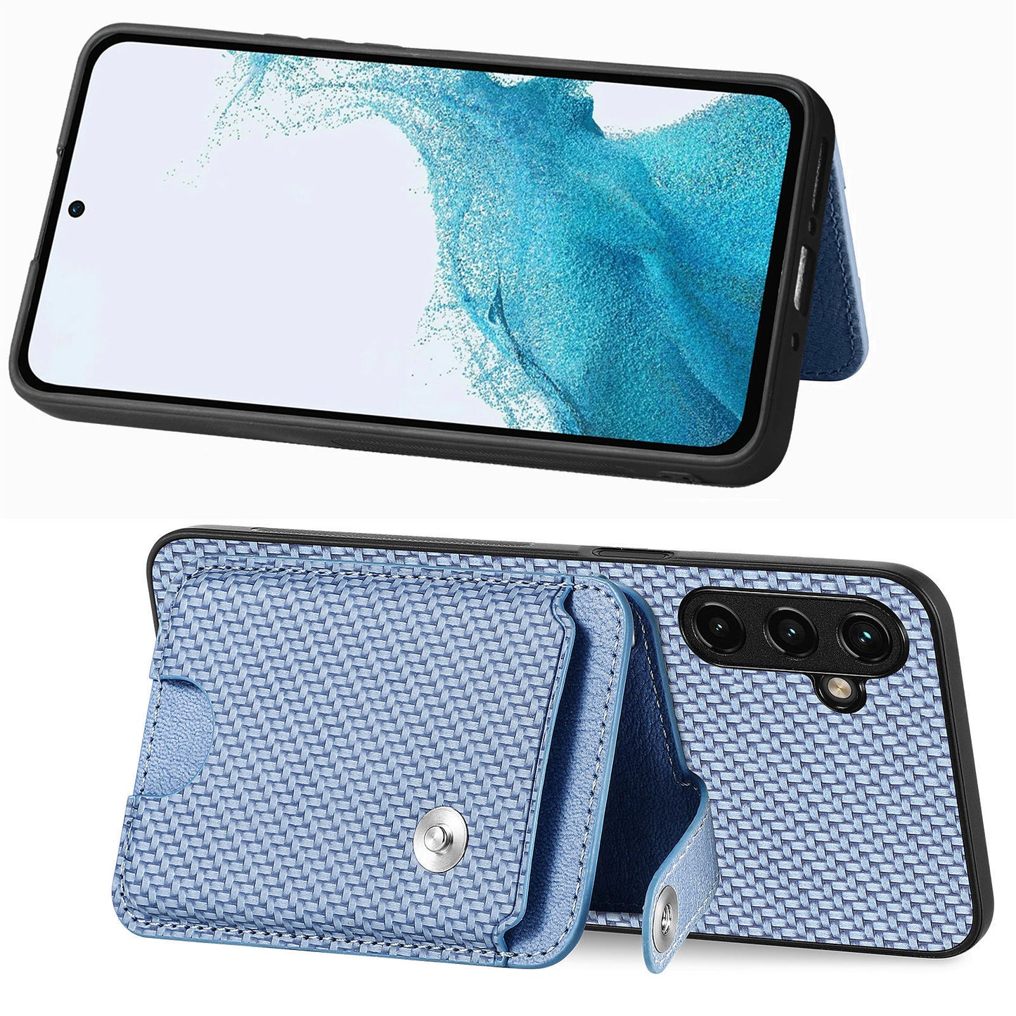 C1-06 For Samsung Galaxy A55 5G Case Carbon Fiber Texture Kickstand Phone Cover with Card Knife Tool - Brown