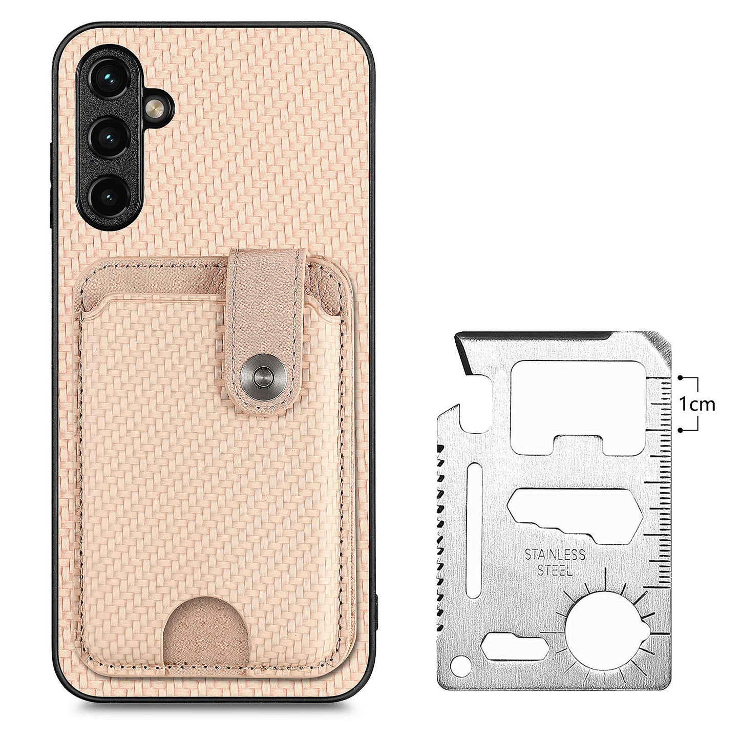 C1-06 For Samsung Galaxy A55 5G Case Carbon Fiber Texture Kickstand Phone Cover with Card Knife Tool - Khaki