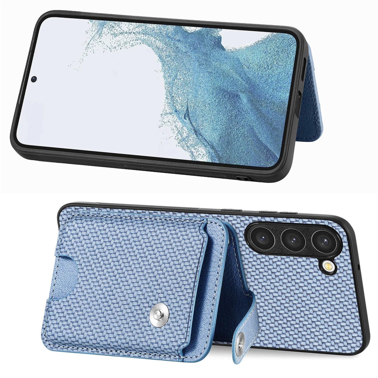 C1-06 For Samsung Galaxy S23+ Case Card Slots Leather Coated PC+TPU Cover with Card Knife Tool - Blue