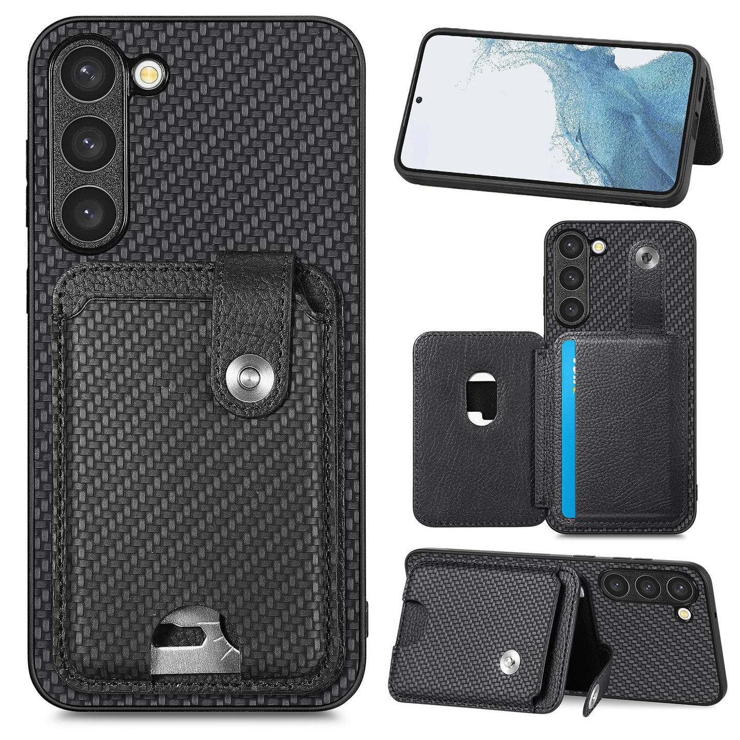 C1-06 For Samsung Galaxy S23+ Case Card Slots Leather Coated PC+TPU Cover with Card Knife Tool - Black