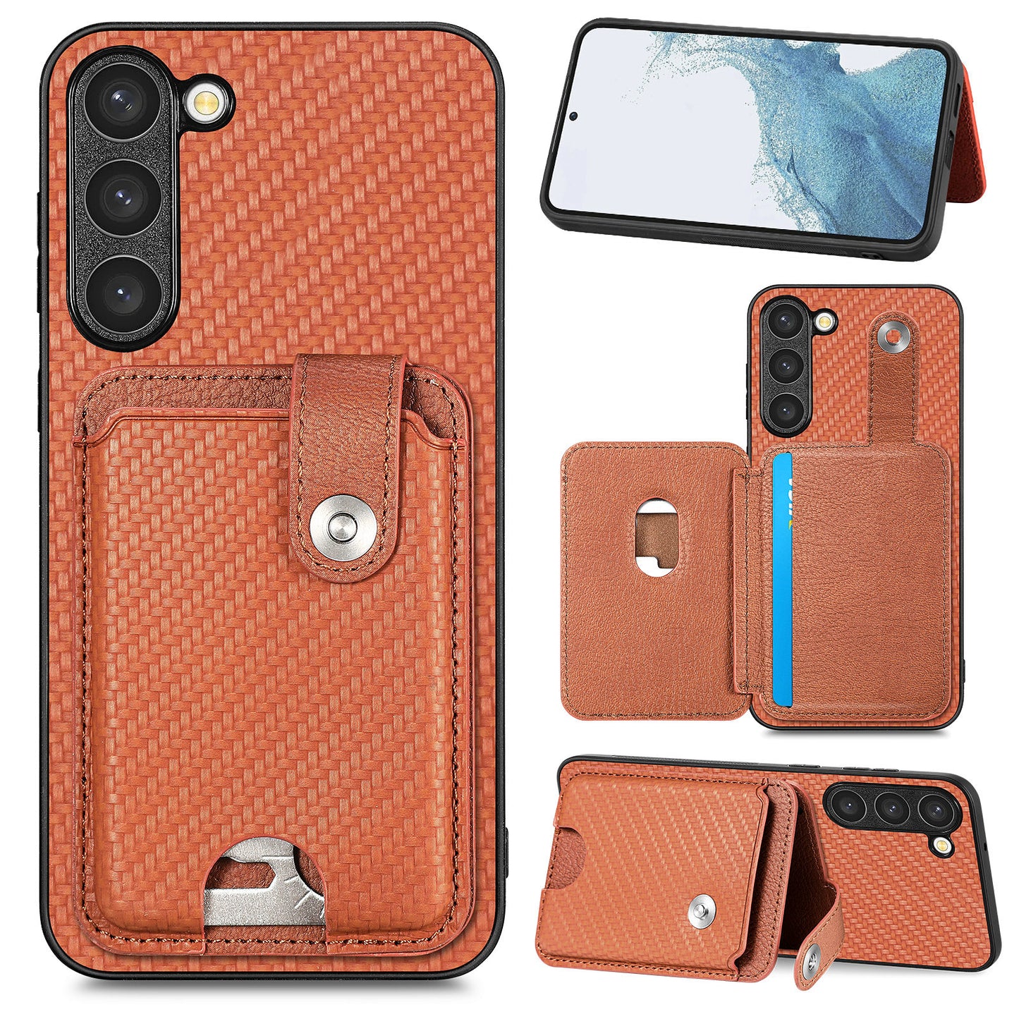 C1-06 For Samsung Galaxy S23+ Case Card Slots Leather Coated PC+TPU Cover with Card Knife Tool - Brown