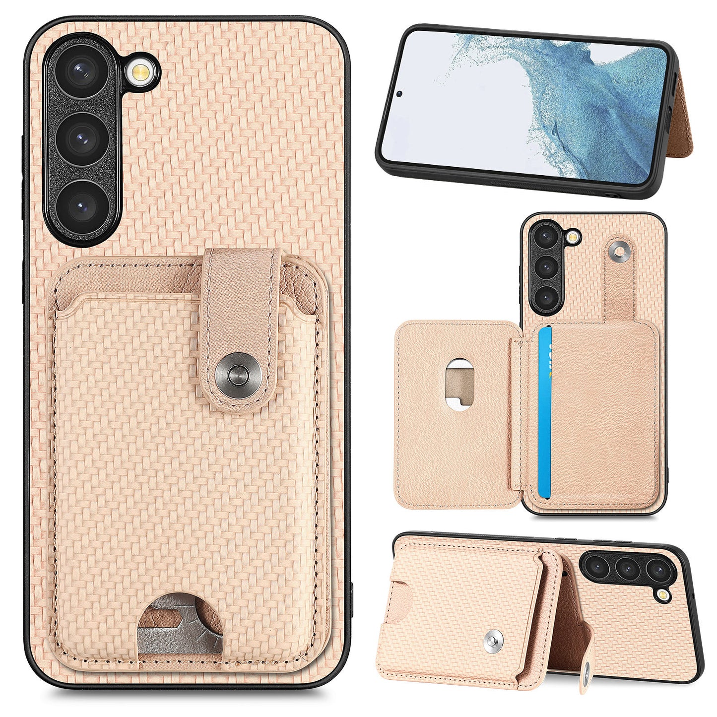 C1-06 For Samsung Galaxy S23+ Case Card Slots Leather Coated PC+TPU Cover with Card Knife Tool - Khaki