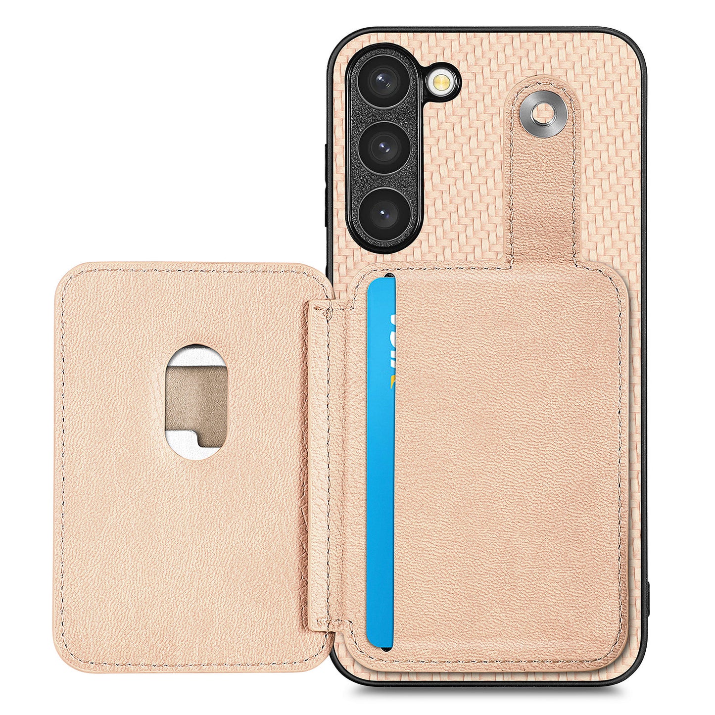 C1-06 For Samsung Galaxy S23+ Case Card Slots Leather Coated PC+TPU Cover with Card Knife Tool - Khaki