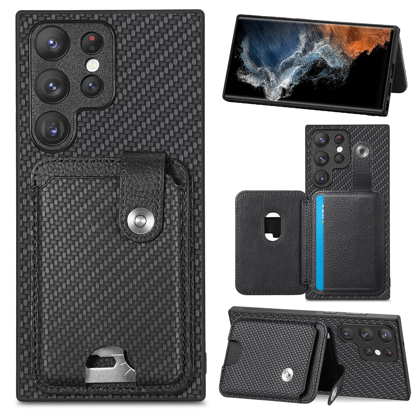 C1-06 For Samsung Galaxy S23 Ultra Phone Case with Card Knife Card Slots Leather Back Cover - Black