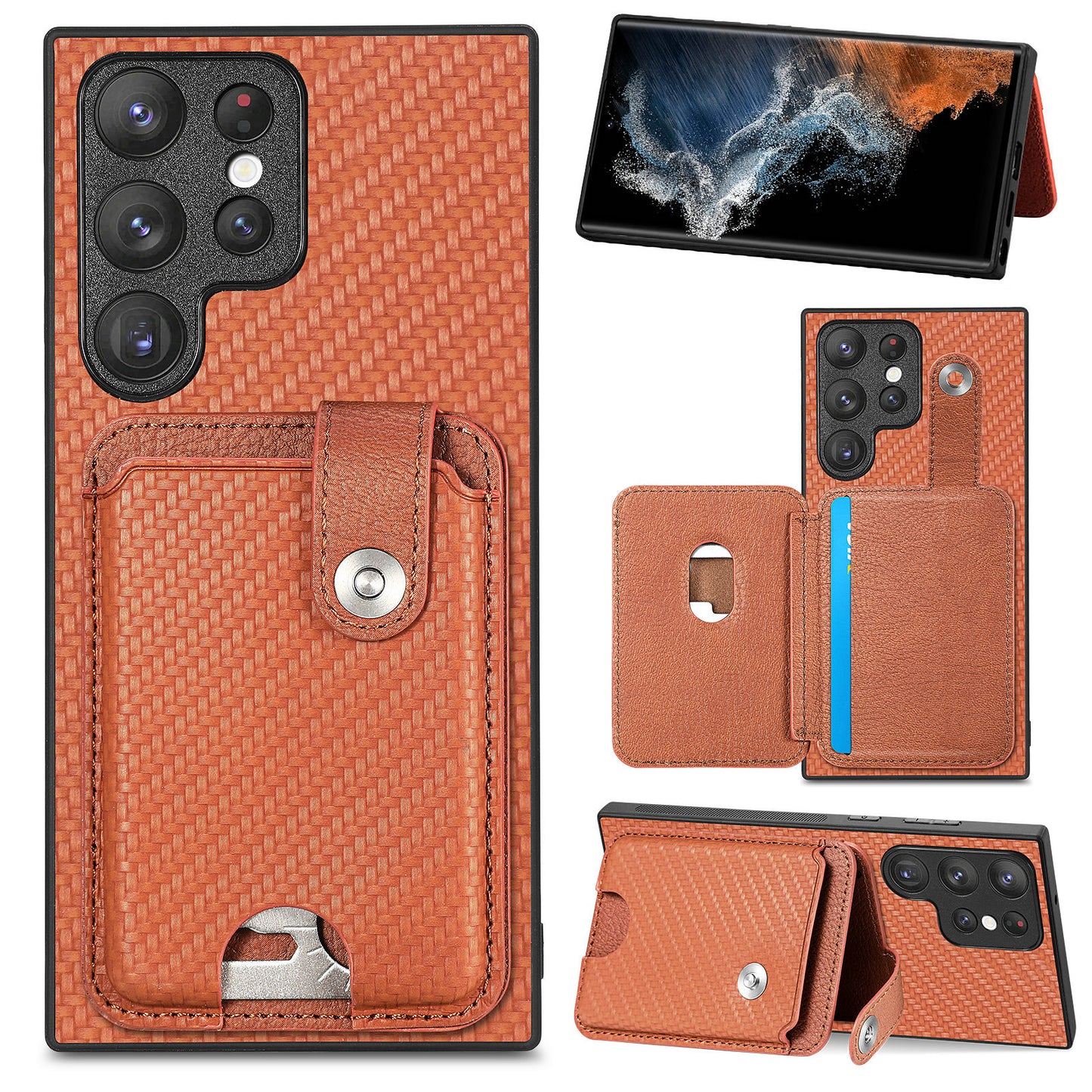 C1-06 For Samsung Galaxy S23 Ultra Phone Case with Card Knife Card Slots Leather Back Cover - Brown