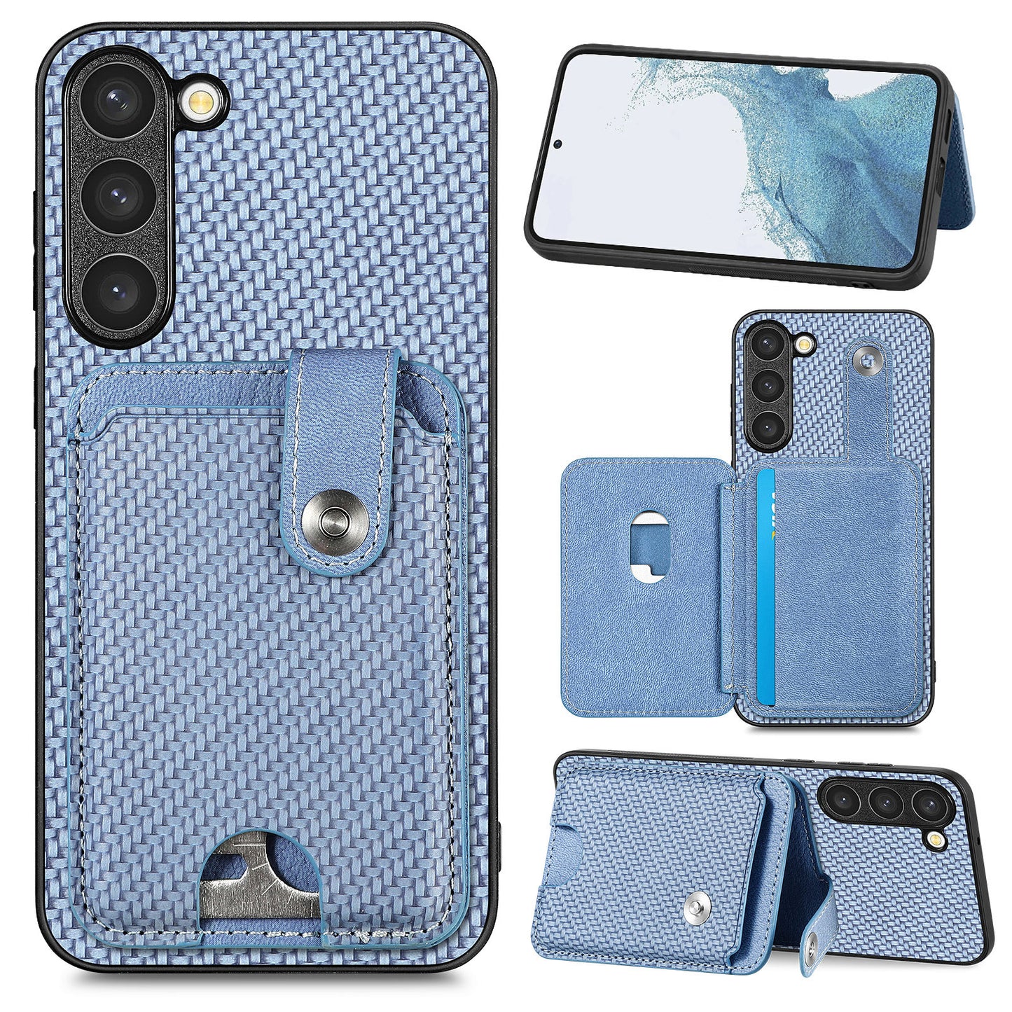 C1-06 For Samsung Galaxy S23 Case Card Slots Kickstand Leather Coating Phone Cover with Card Knife - Blue