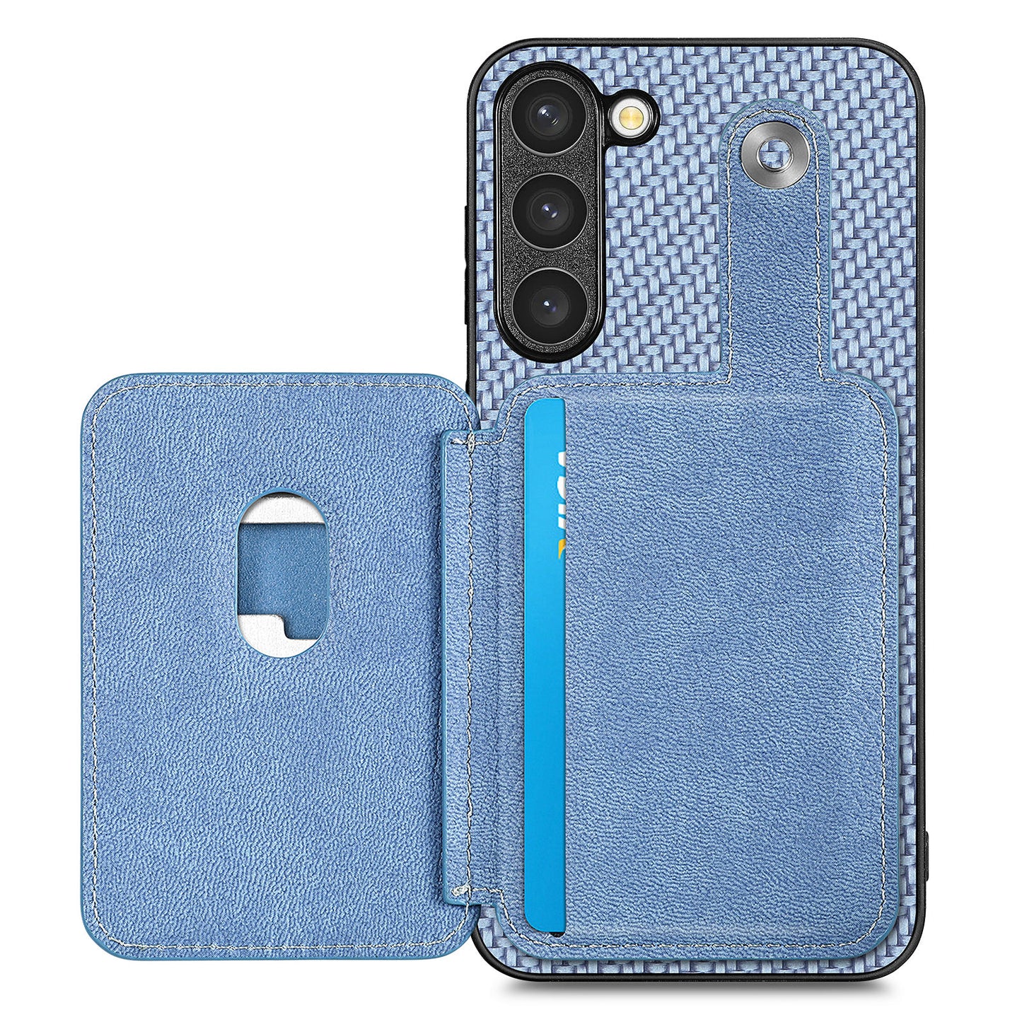 C1-06 For Samsung Galaxy S23 Case Card Slots Kickstand Leather Coating Phone Cover with Card Knife - Blue