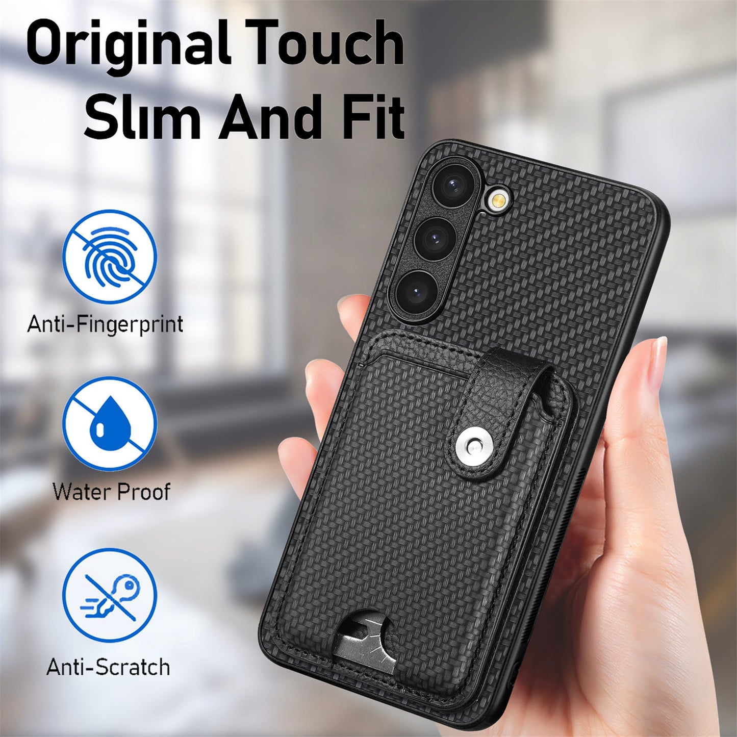 C1-06 For Samsung Galaxy S23 Case Card Slots Kickstand Leather Coating Phone Cover with Card Knife - Brown