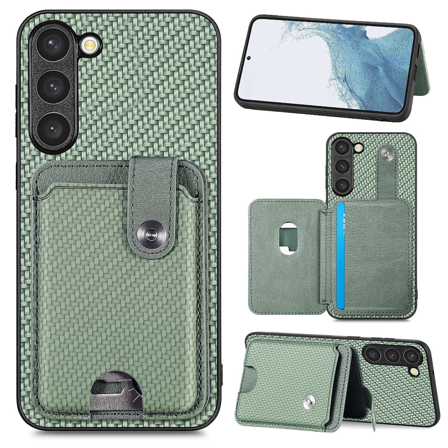 C1-06 For Samsung Galaxy S23 Case Card Slots Kickstand Leather Coating Phone Cover with Card Knife - Green