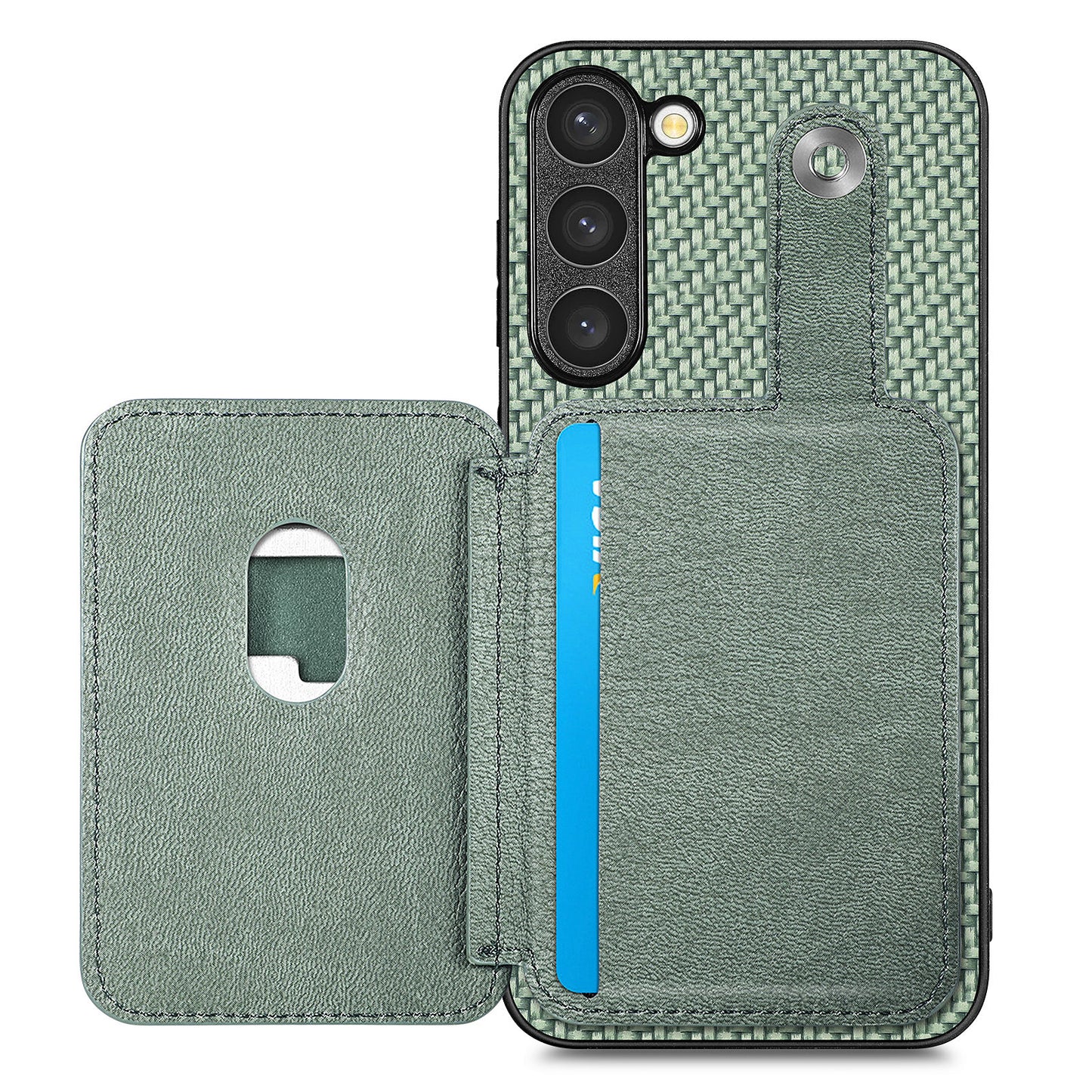 C1-06 For Samsung Galaxy S23 Case Card Slots Kickstand Leather Coating Phone Cover with Card Knife - Green