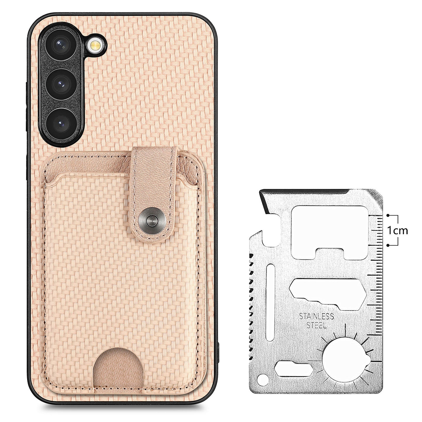 C1-06 For Samsung Galaxy S23 Case Card Slots Kickstand Leather Coating Phone Cover with Card Knife - Khaki