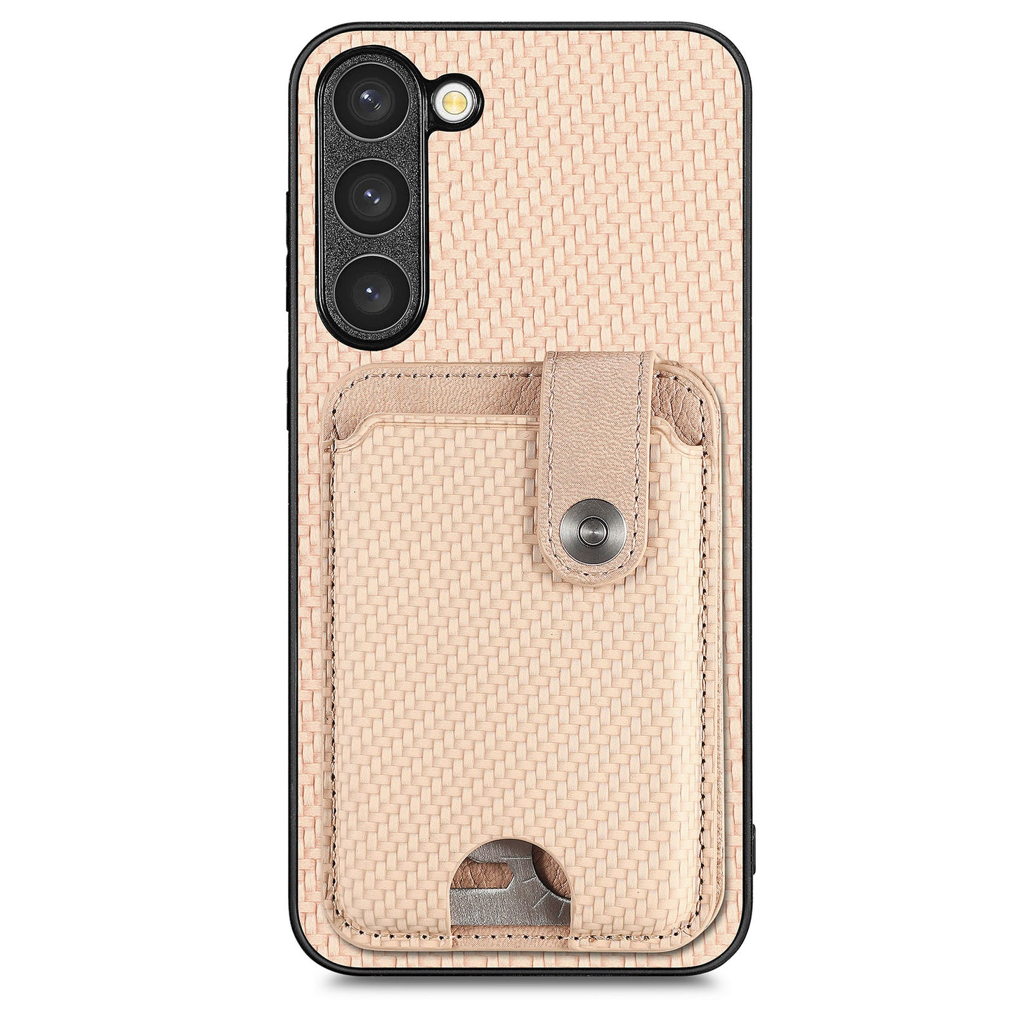 C1-06 For Samsung Galaxy S23 Case Card Slots Kickstand Leather Coating Phone Cover with Card Knife - Khaki