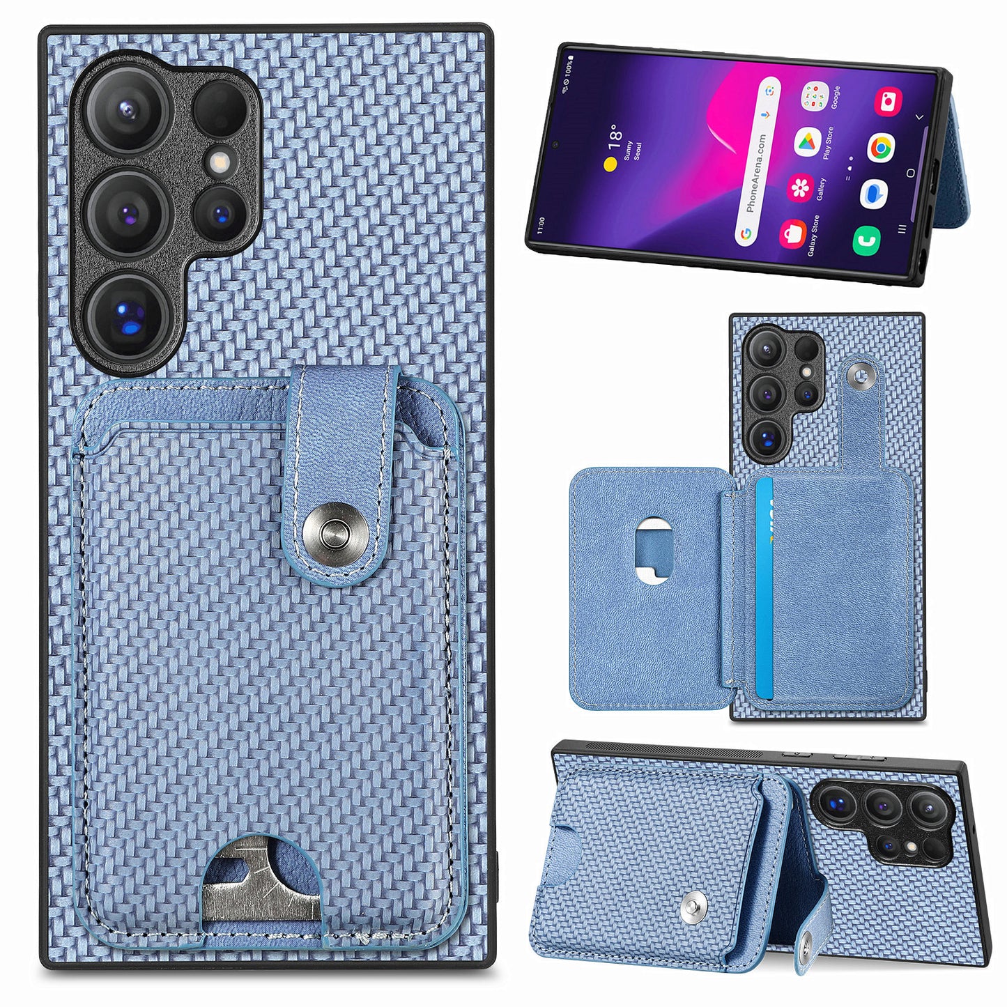 C1-06 For Samsung Galaxy S24 Ultra Case Leather Coated PC+TPU Card Slots Cover with Card Knife Blue - Blue