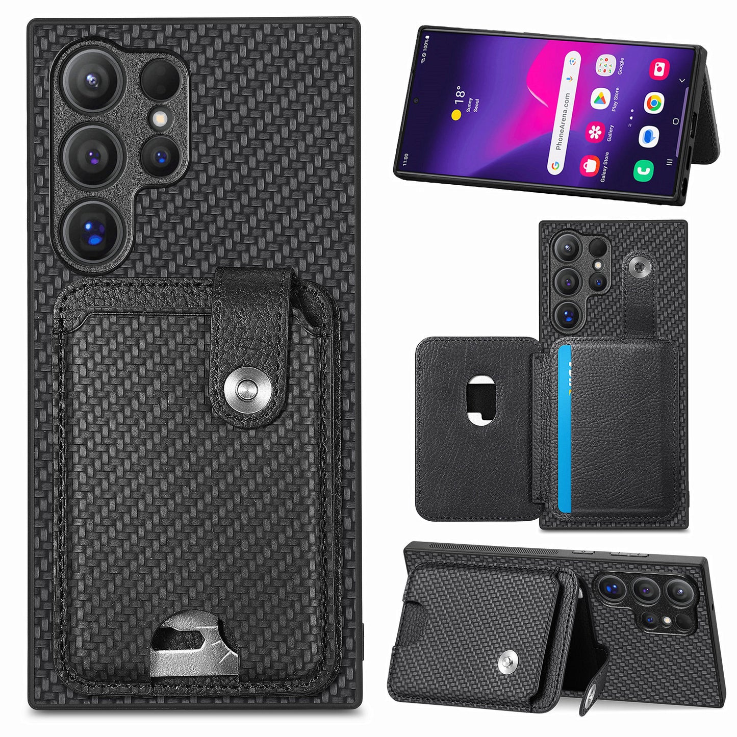 C1-06 For Samsung Galaxy S24 Ultra Case Leather Coated PC+TPU Card Slots Cover with Card Knife Black - Black