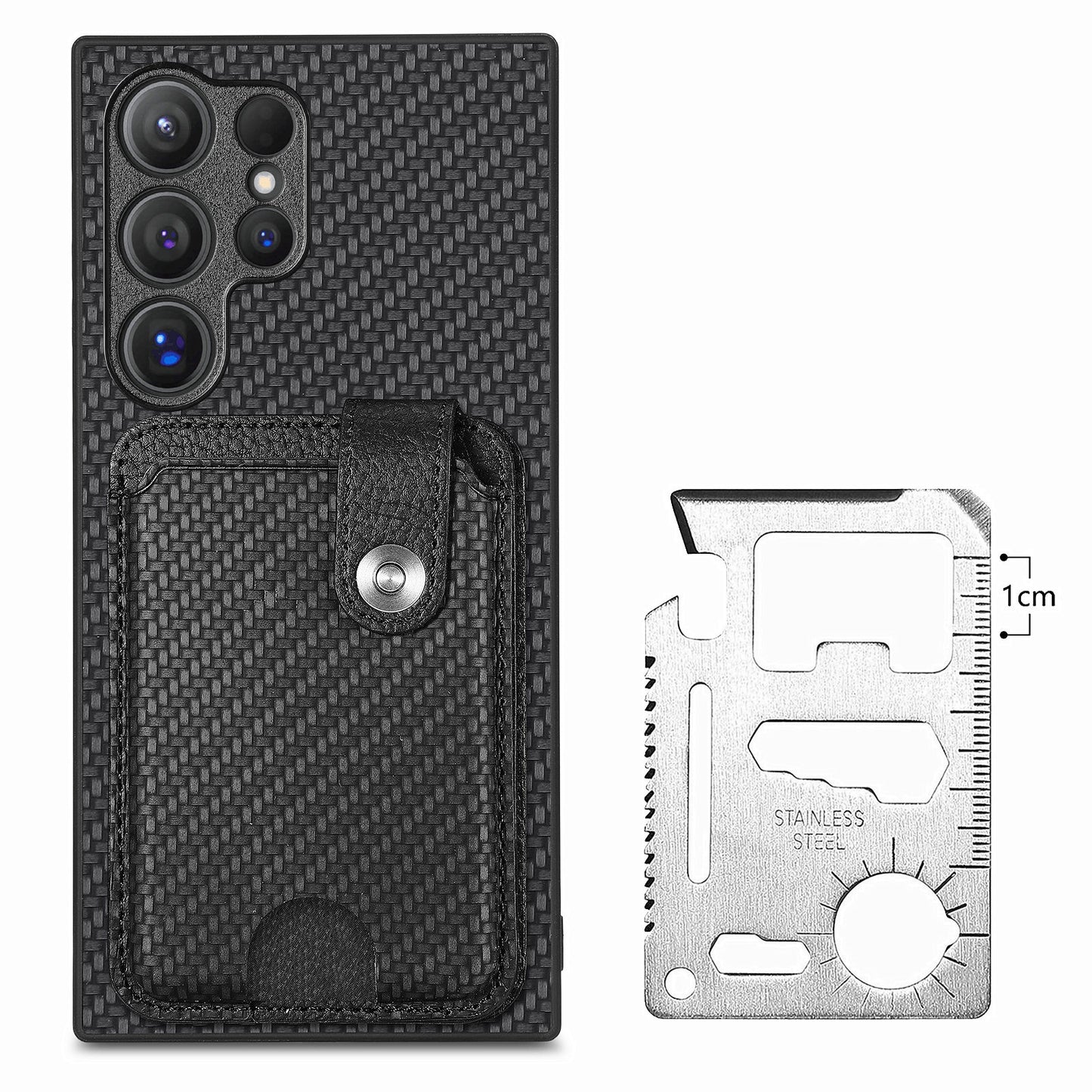C1-06 For Samsung Galaxy S24 Ultra Case Leather Coated PC+TPU Card Slots Cover with Card Knife Black - Black
