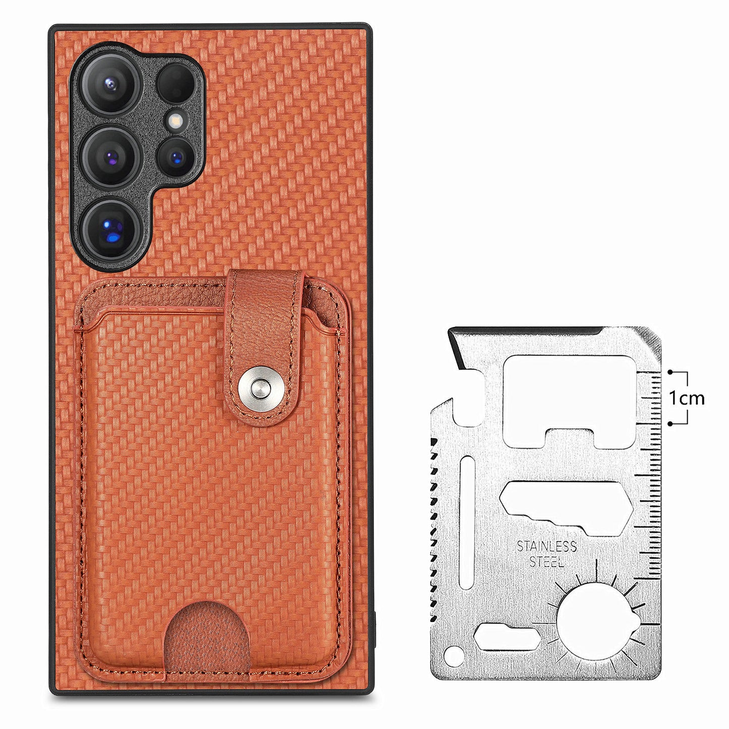 C1-06 For Samsung Galaxy S24 Ultra Case Leather Coated PC+TPU Card Slots Cover with Card Knife Brown - Brown