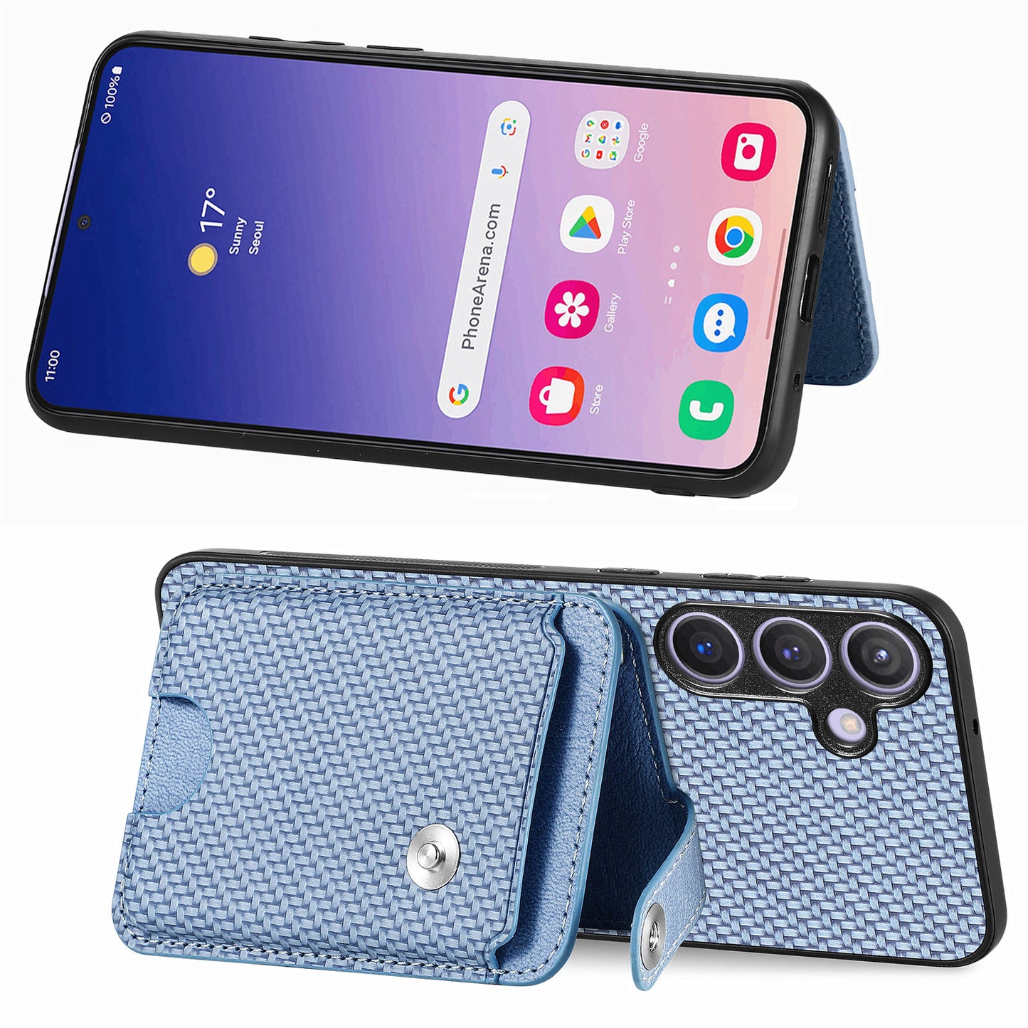 C1-06 For Samsung Galaxy S24 Case Card Slots Kickstand Phone Cover with Card Knife Tool - Blue