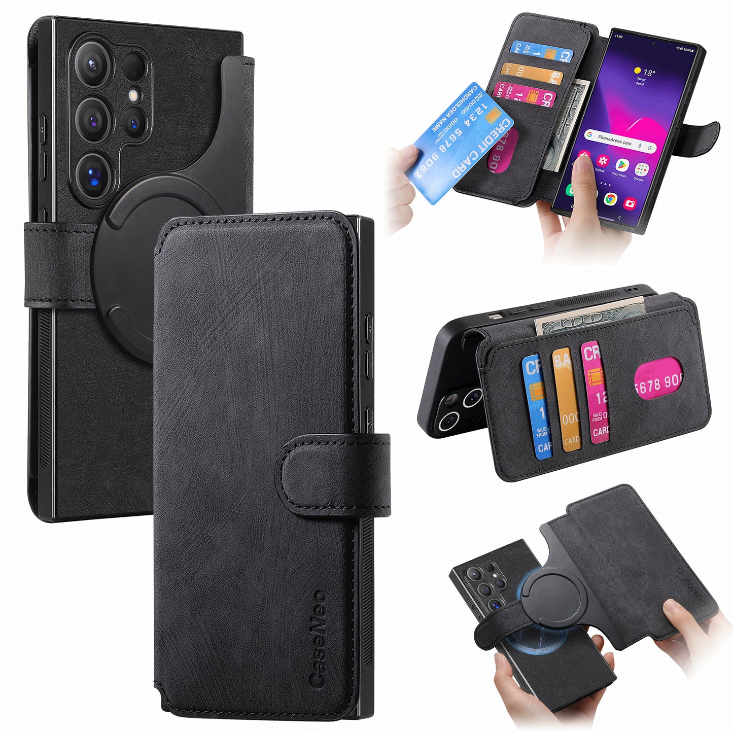 CASENEO MW-03 For Samsung Galaxy S24 Ultra Case Retro Leather Coated TPU Phone Cover 2 in 1 Detachable - Black