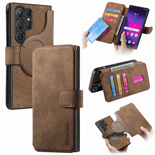 CASENEO MW-03 For Samsung Galaxy S24 Ultra Case Retro Leather Coated TPU Phone Cover 2 in 1 Detachable - Brown