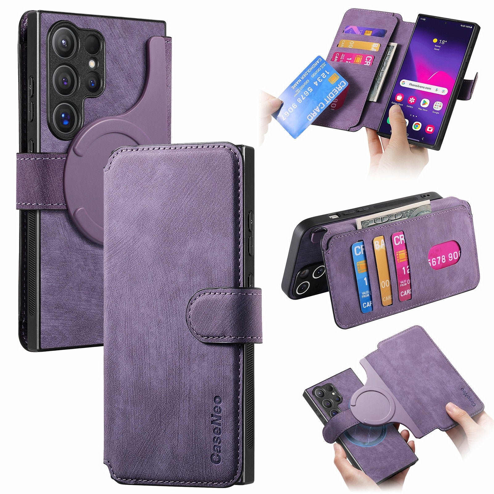 CASENEO MW-03 For Samsung Galaxy S24 Ultra Case Retro Leather Coated TPU Phone Cover 2 in 1 Detachable - Purple