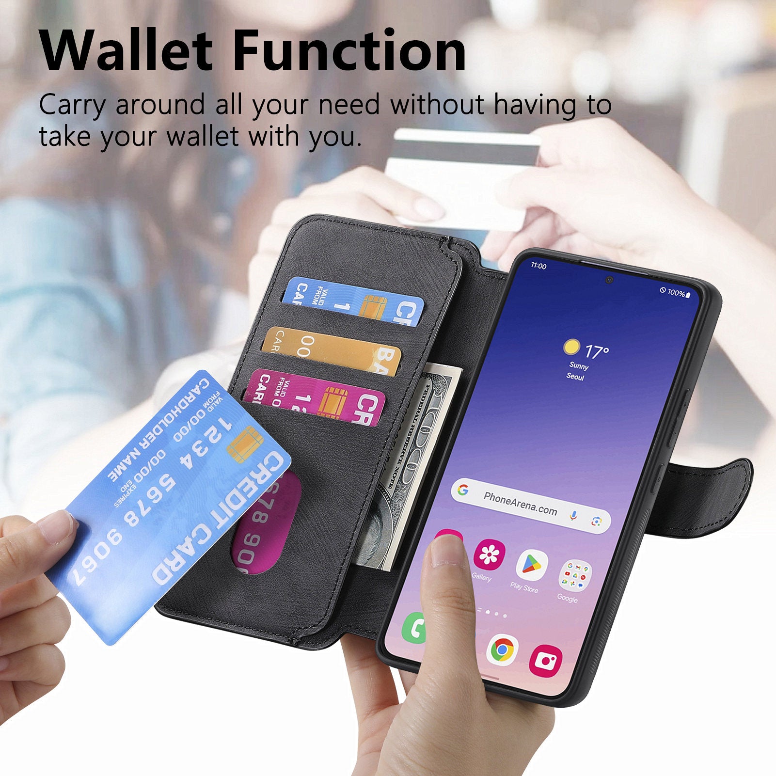 CASENEO MW-03 For Samsung Galaxy S24 Wallet Case Leather+TPU Magnetic Detachable Phone Cover - Black