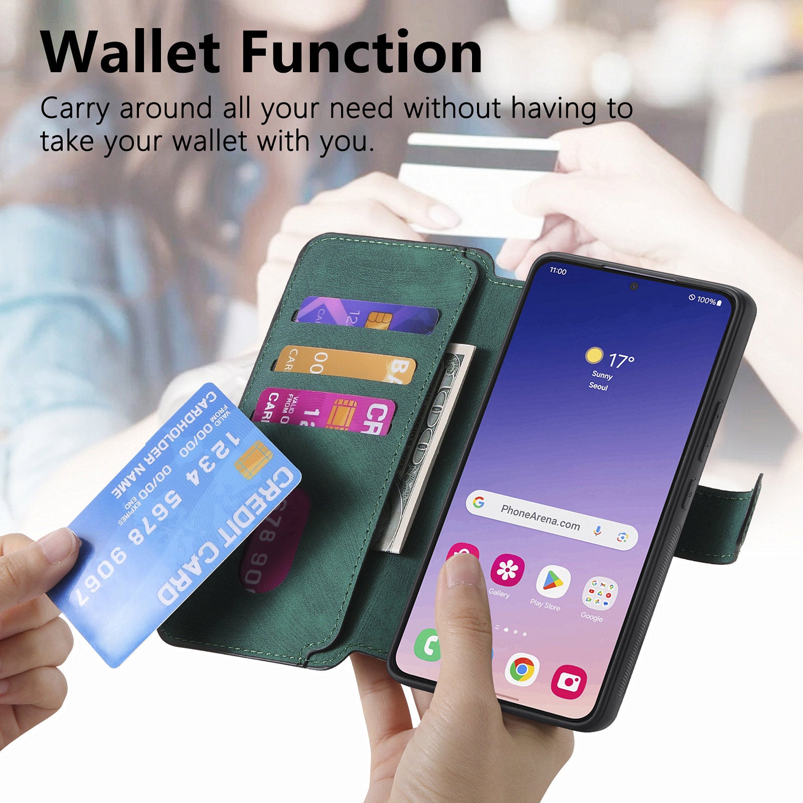CASENEO MW-03 For Samsung Galaxy S24 Wallet Case Leather+TPU Magnetic Detachable Phone Cover - Green