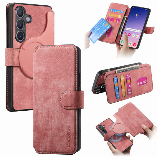 CASENEO MW-03 For Samsung Galaxy S24 Wallet Case Leather+TPU Magnetic Detachable Phone Cover - Pink