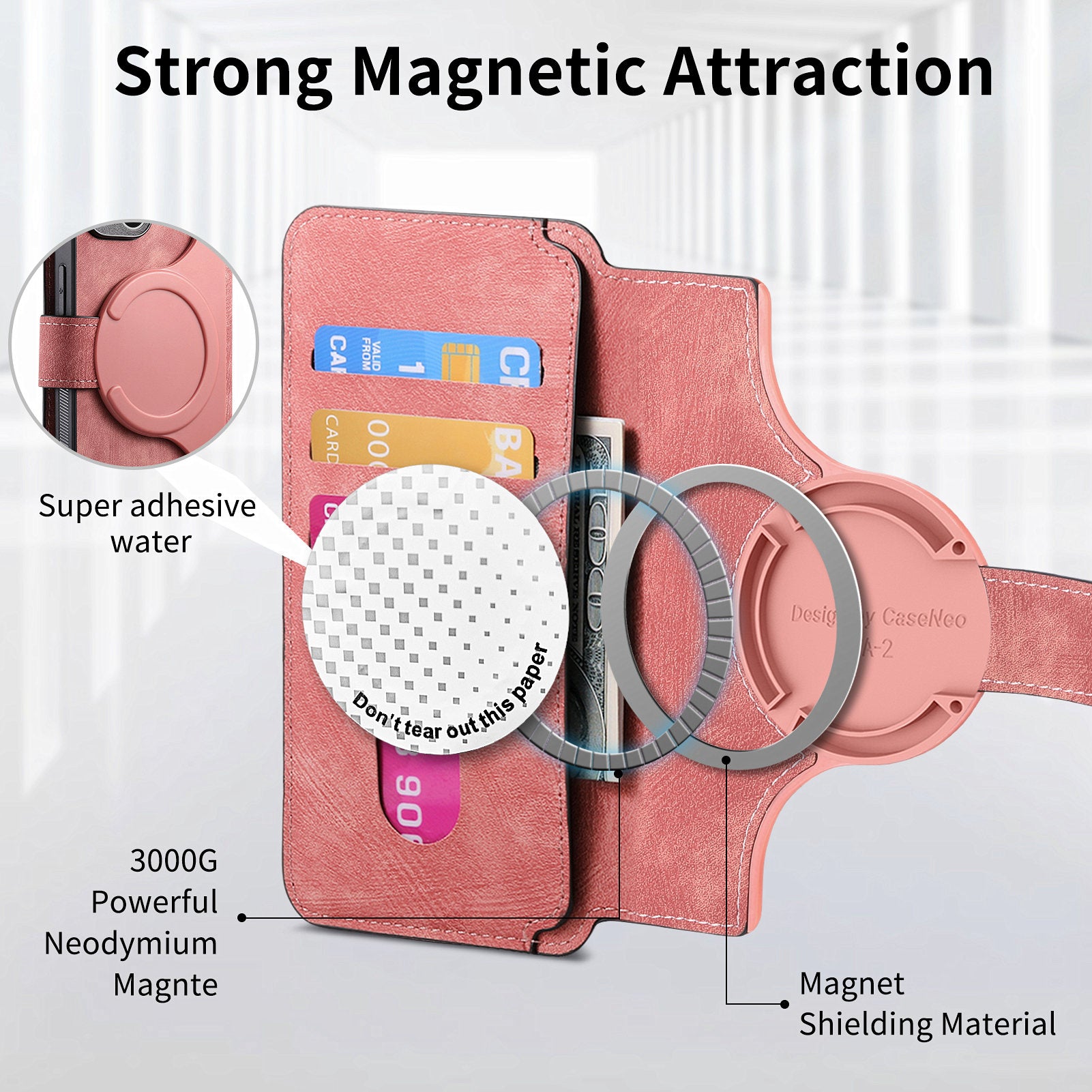 CASENEO MW-03 For Samsung Galaxy S24 Wallet Case Leather+TPU Magnetic Detachable Phone Cover - Pink