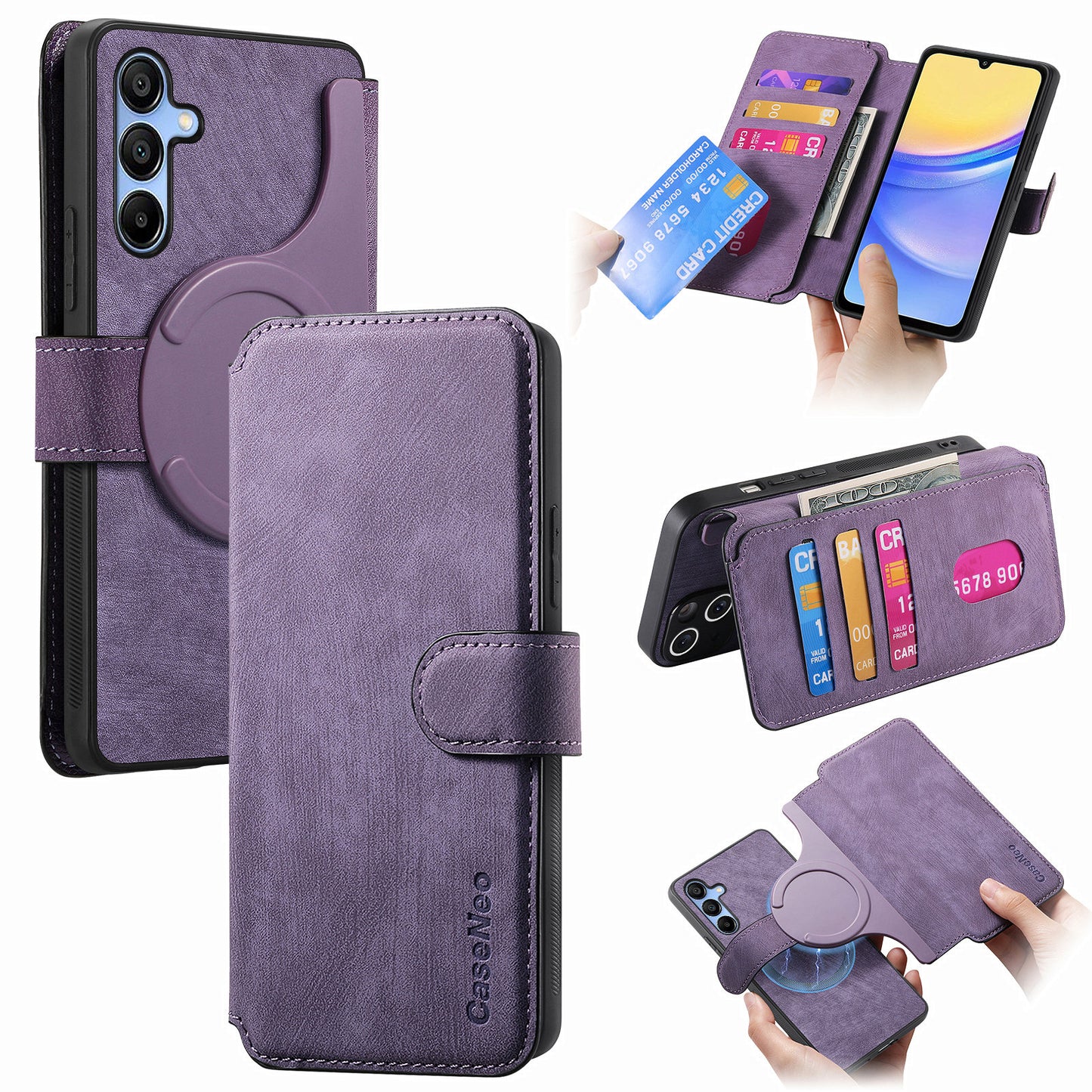 CASENEO MW-03 For Samsung Galaxy A25 5G (Global) (161.0 x 76.5 x 8.3mm) Case Detachable Magnetic Leather Cell Phone Back Cover - Purple