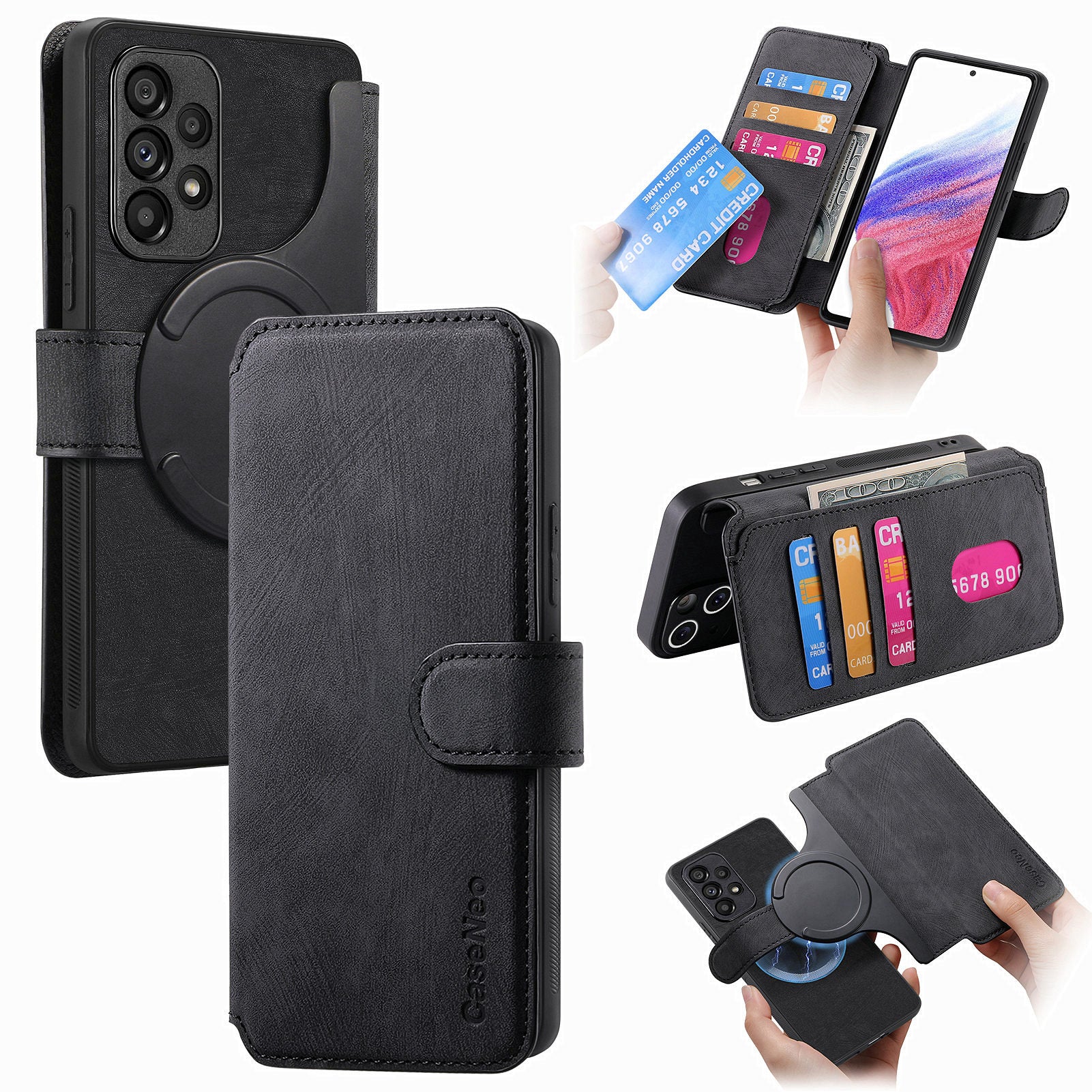 CASENEO MW-03 For Samsung Galaxy A53 5G Case Retro Leather Detachable Magnetic Wallet Back Cover - Black