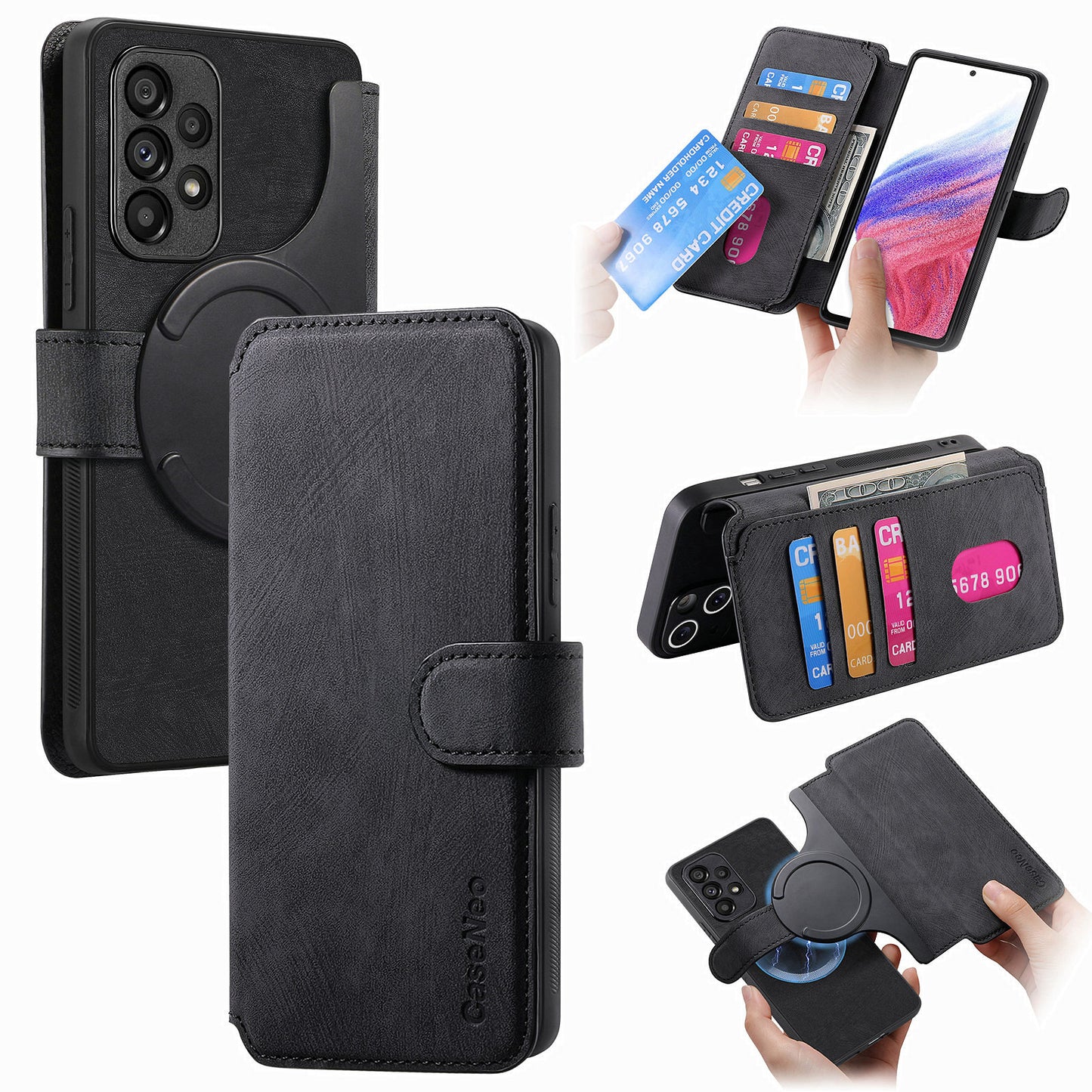 CASENEO MW-03 For Samsung Galaxy A53 5G Case Retro Leather Detachable Magnetic Wallet Back Cover - Black