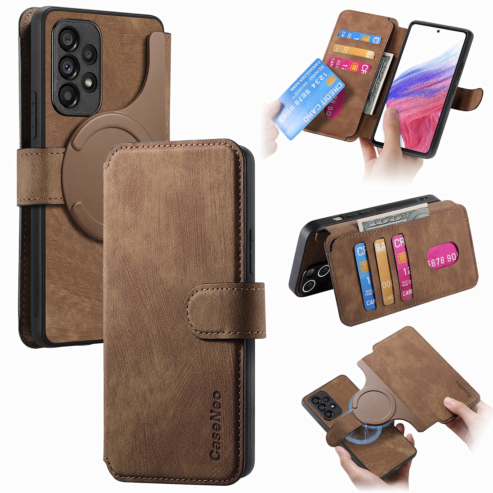 CASENEO MW-03 For Samsung Galaxy A53 5G Case Retro Leather Detachable Magnetic Wallet Back Cover - Brown