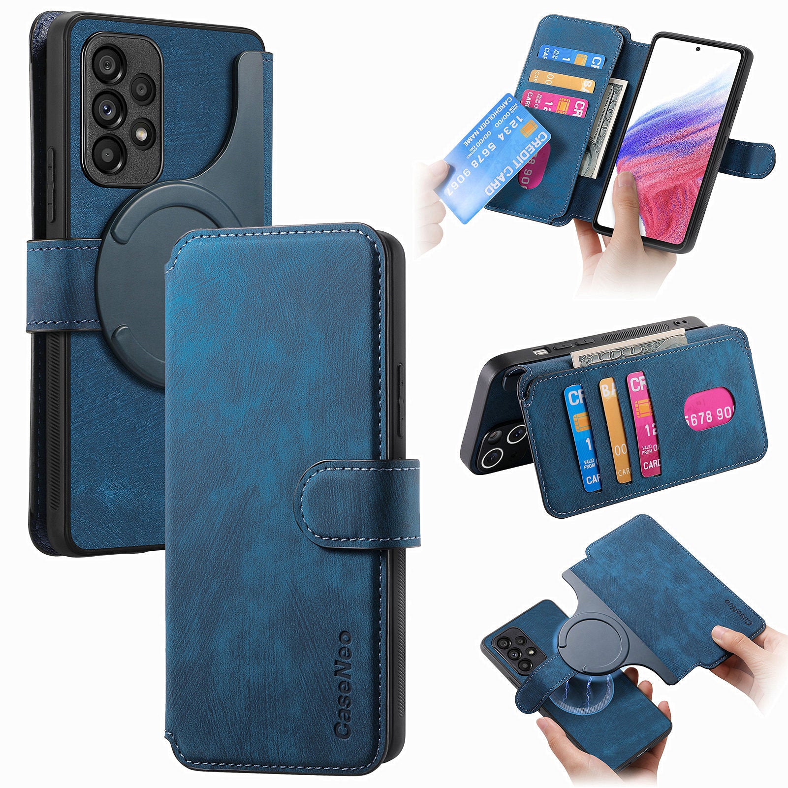 CASENEO MW-03 For Samsung Galaxy A53 5G Case Retro Leather Detachable Magnetic Wallet Back Cover - Dark Blue