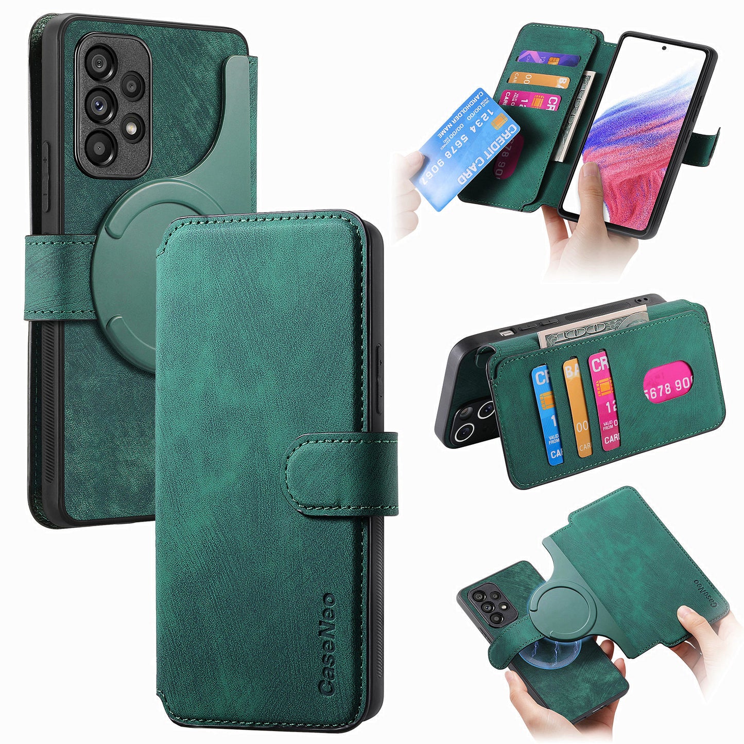 CASENEO MW-03 For Samsung Galaxy A53 5G Case Retro Leather Detachable Magnetic Wallet Back Cover - Green