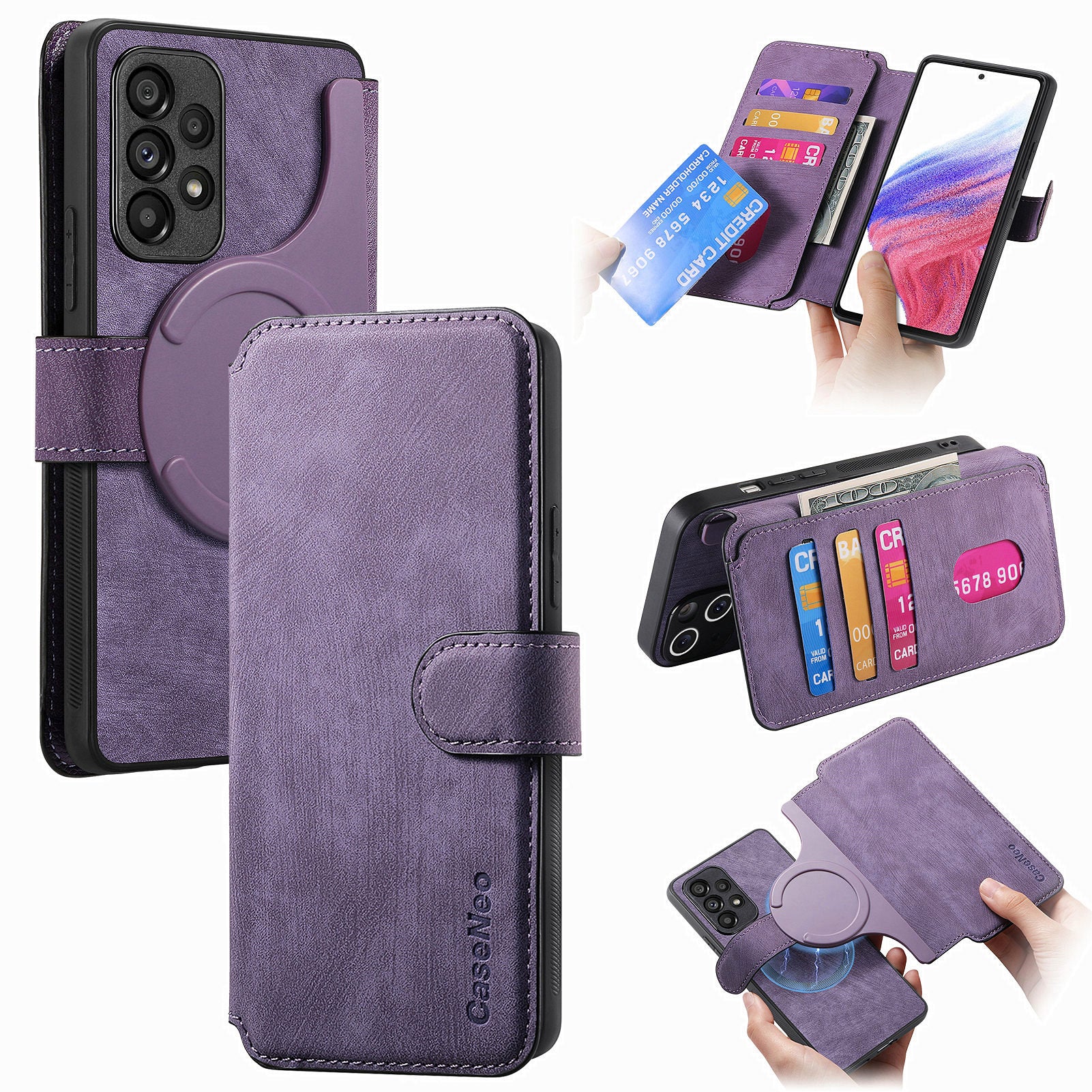 CASENEO MW-03 For Samsung Galaxy A53 5G Case Retro Leather Detachable Magnetic Wallet Back Cover - Purple