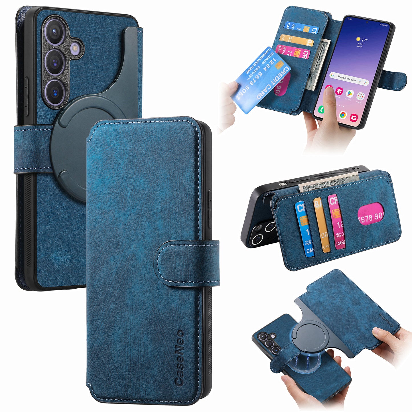 CASENEO MW-03 For Samsung Galaxy S24+ Case RFID Blocking Leather+TPU Detachable Phone Cover - Dark Blue